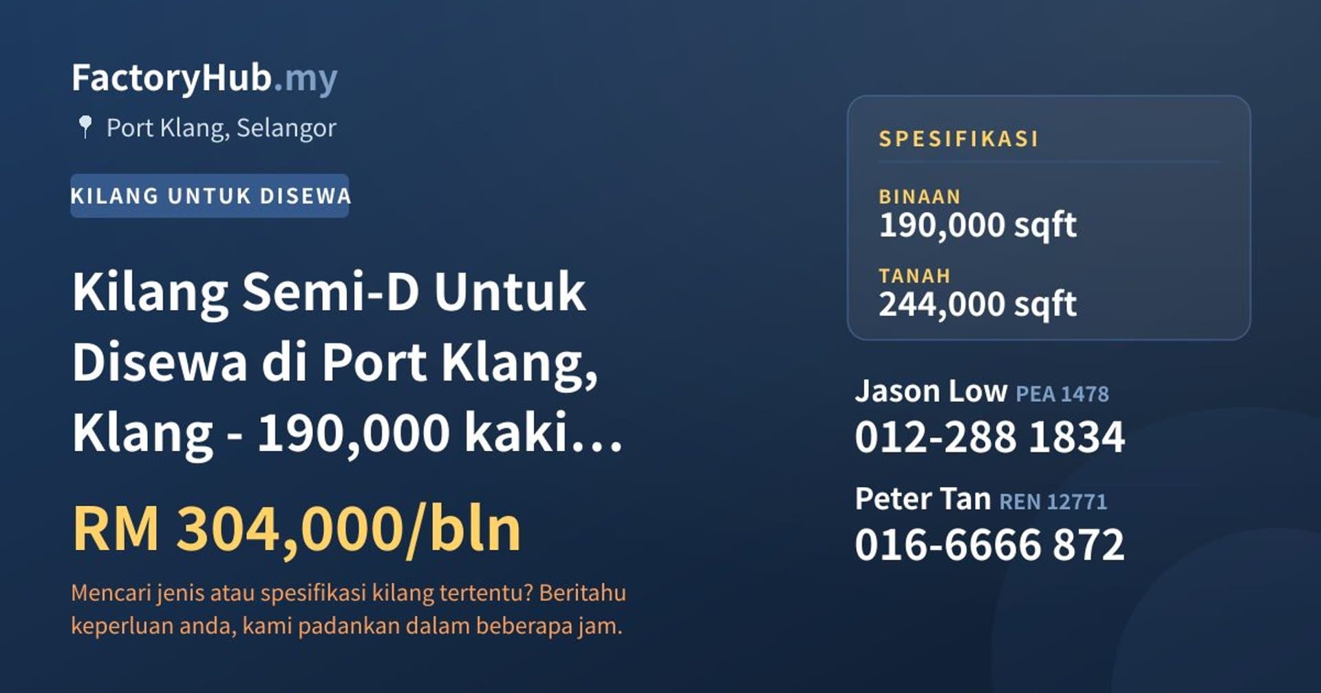Kilang Semi-D Untuk Disewa di Port Klang, Klang - 190,000 kaki persegi · Imej hartanah 1/2