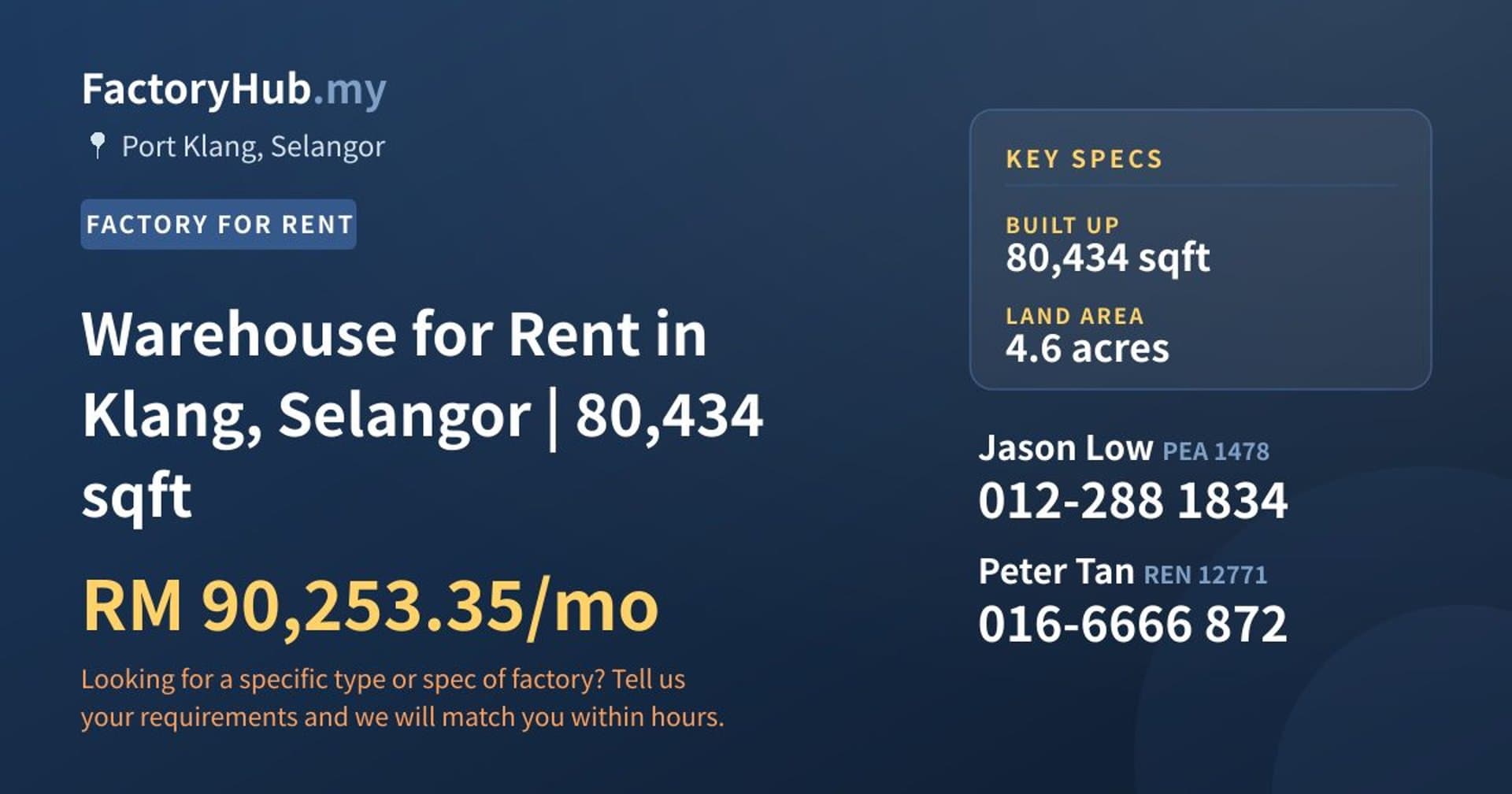 Warehouse for Rent in Klang, Selangor | 80,434 sqft - Property image 1 of 2