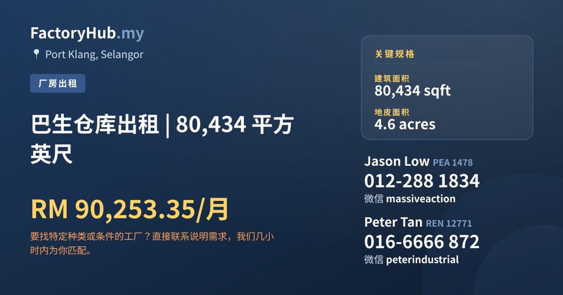 巴生仓库出租 | 80,434 平方英尺 · 房源图片 1/2