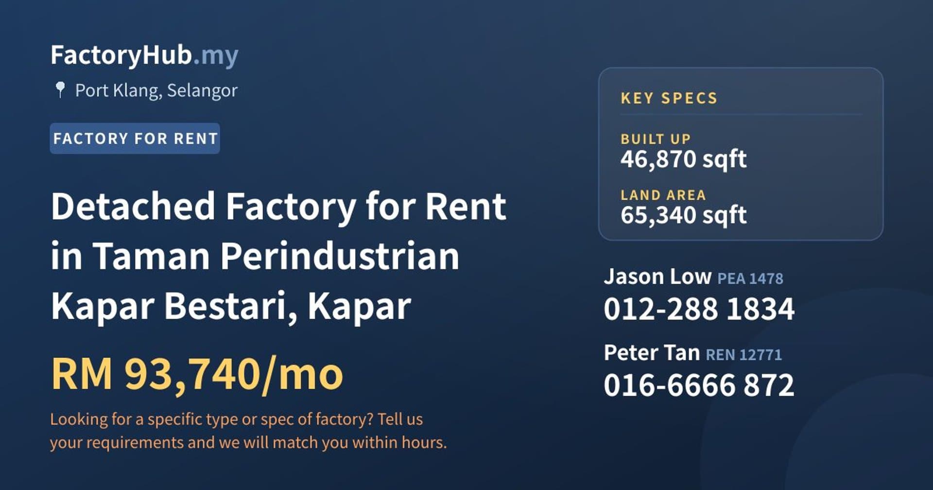 Detached Factory for Rent in Taman Perindustrian Kapar Bestari, Kapar - Property image 1 of 2