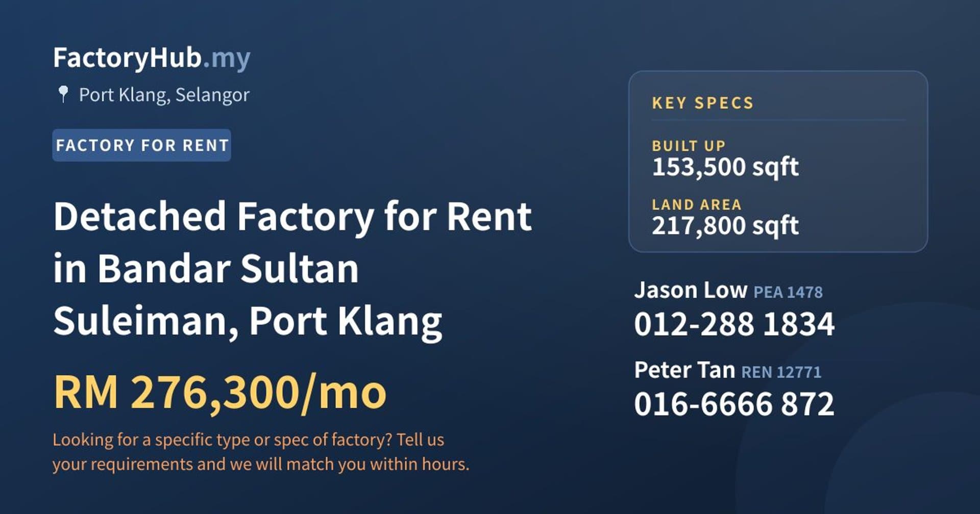 Detached Factory for Rent in Bandar Sultan Suleiman, Port Klang - Property image 1 of 2