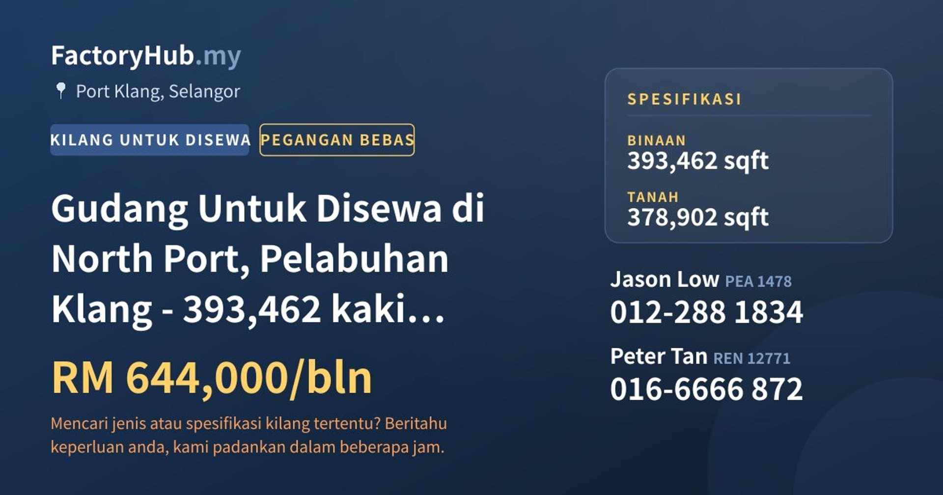 Gudang Untuk Disewa di North Port, Pelabuhan Klang - 393,462 kaki persegi · Imej hartanah 1/2