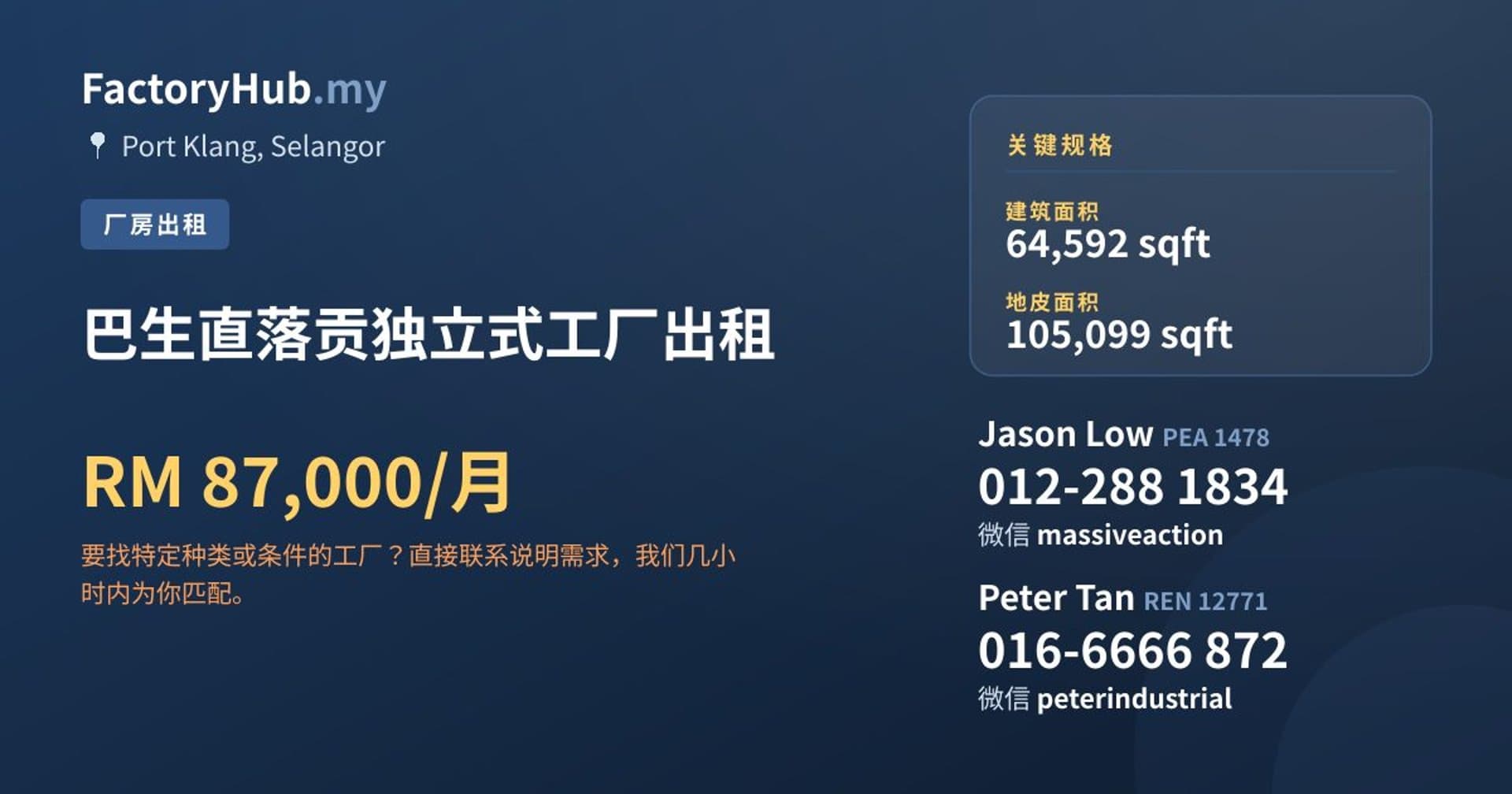 巴生直落贡独立式工厂出租 · 房源图片 1/2