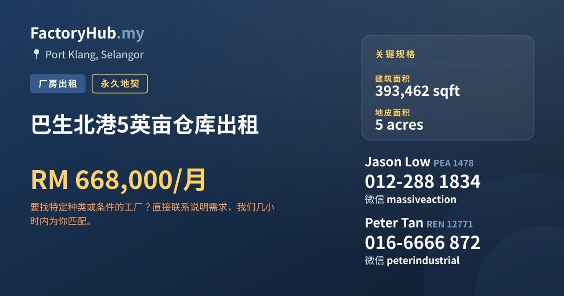 巴生北港5英亩仓库出租 · 房源图片 1/2