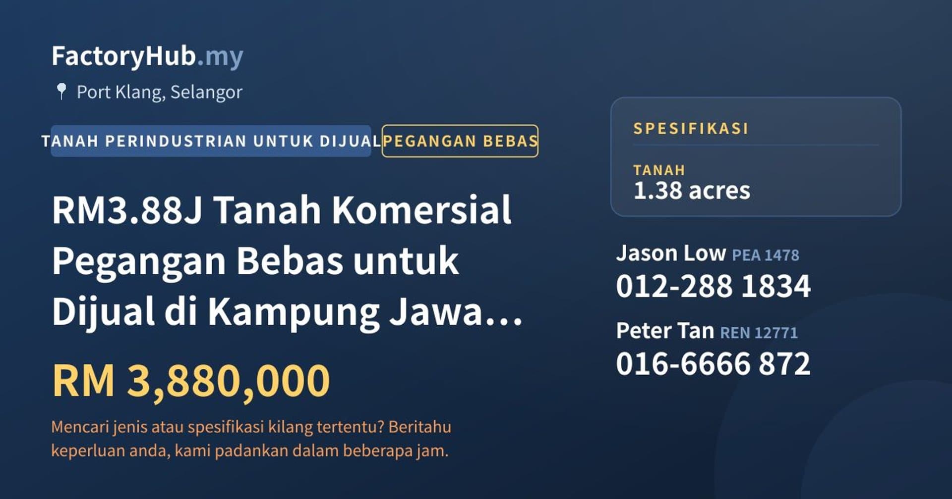 RM3.88J Tanah Komersial Pegangan Bebas untuk Dijual di Kampung Jawa, Klang – 60113kp · Imej hartanah 1/6