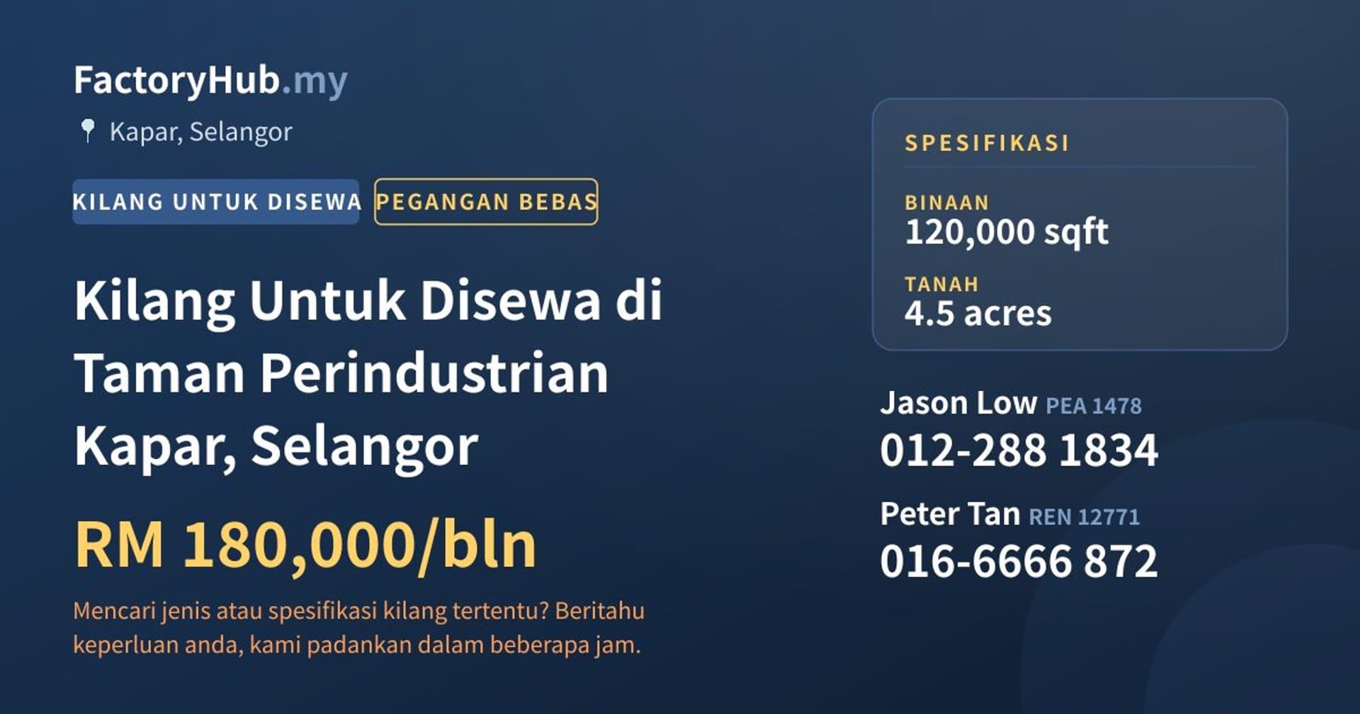 Kilang Untuk Disewa di Taman Perindustrian Kapar, Selangor · Imej hartanah 1/2