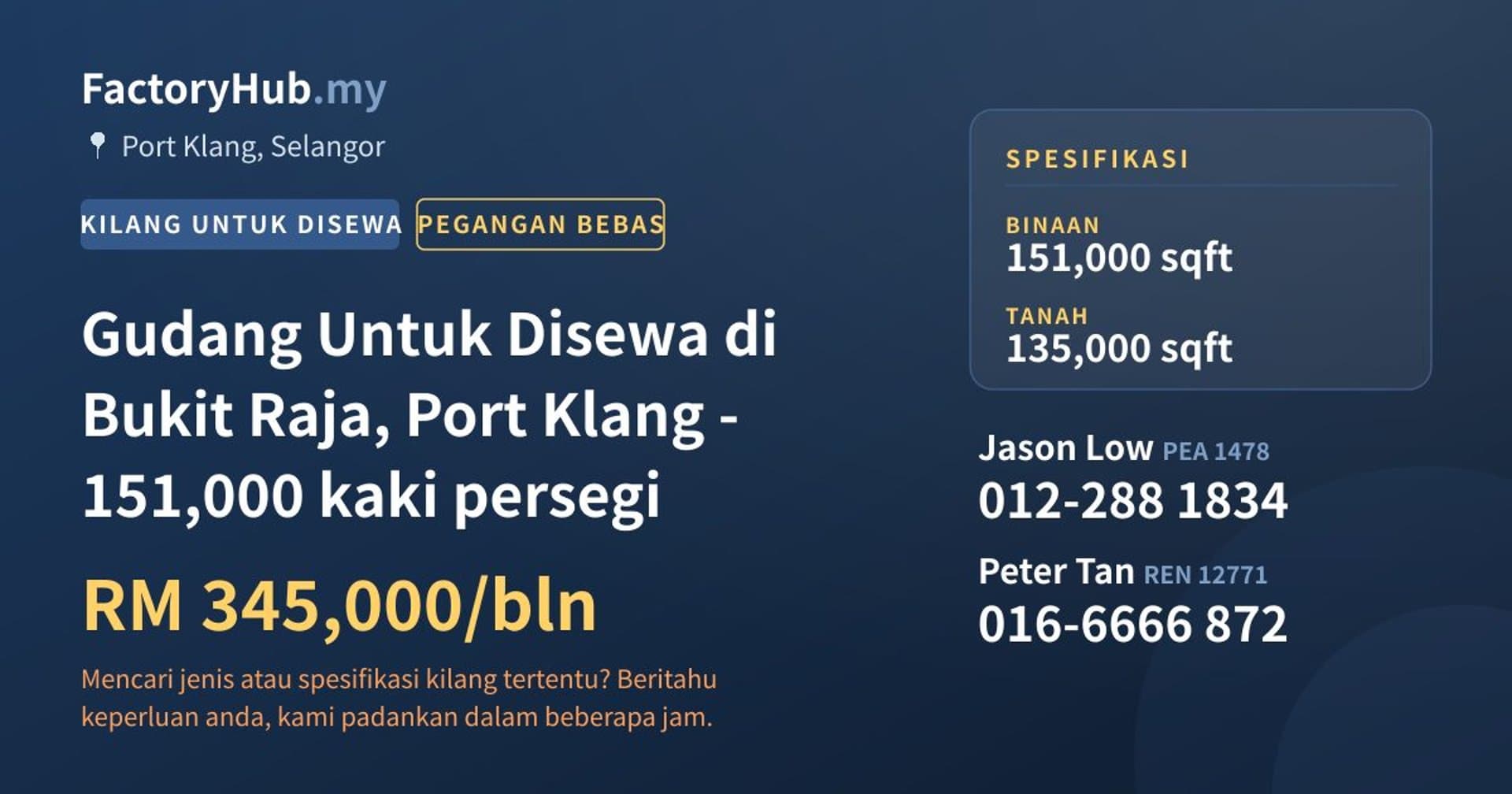 Gudang Untuk Disewa di Bukit Raja, Port Klang - 151,000 kaki persegi · Imej hartanah 1/2