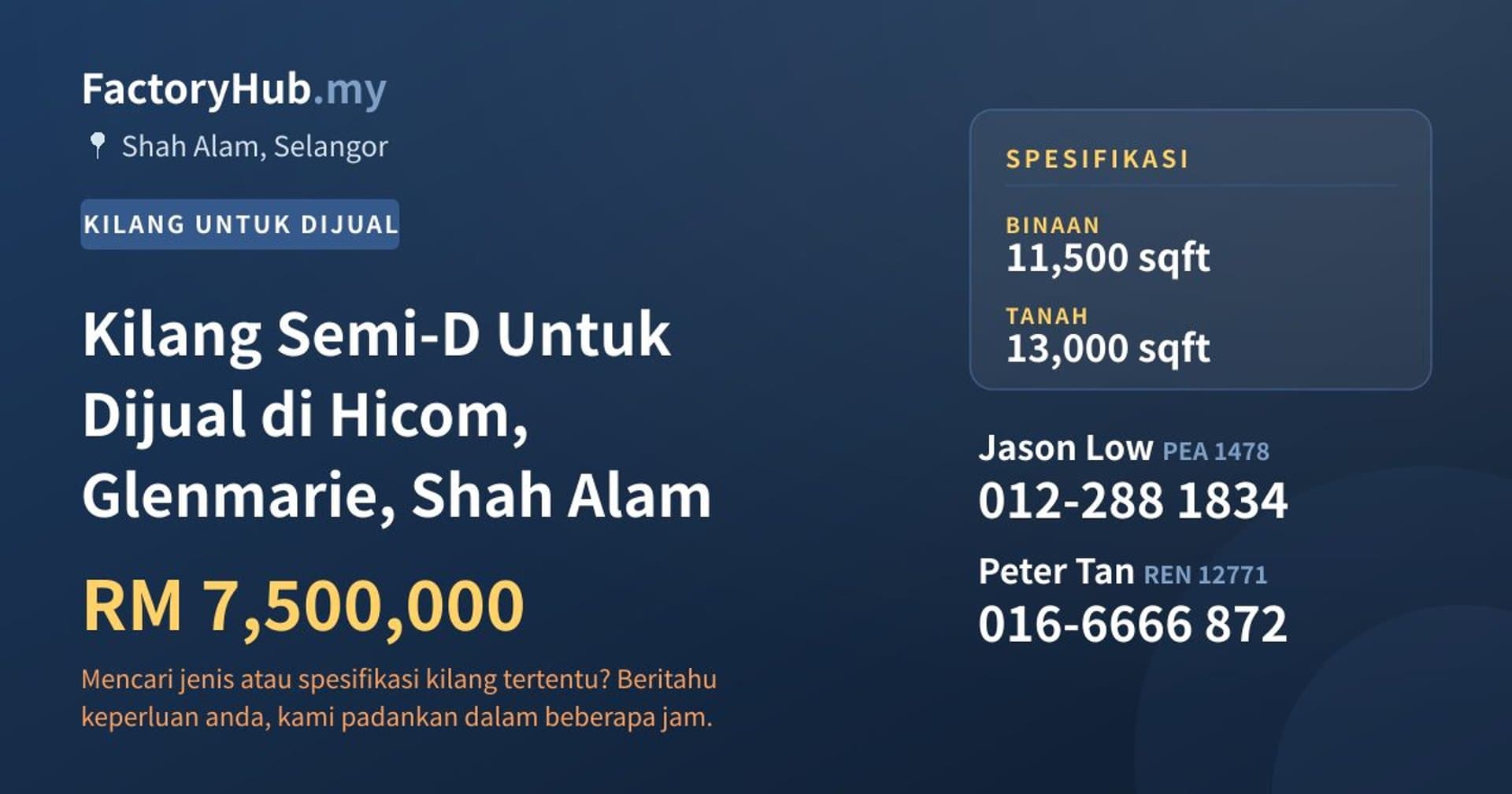 Kilang Semi-D Untuk Dijual di Hicom, Glenmarie, Shah Alam · Imej hartanah 1/2
