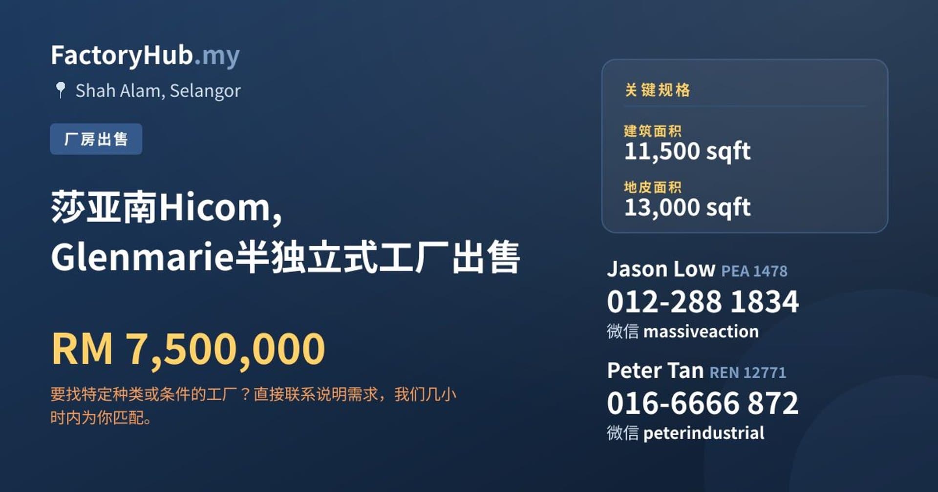 莎亚南Hicom, Glenmarie半独立式工厂出售 · 房源图片 1/2