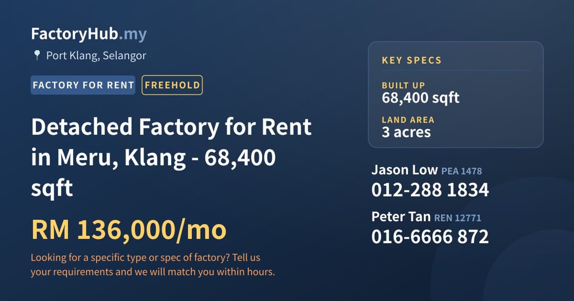 Detached Factory for Rent in Meru, Klang - 68,400 sqft - Property image 1 of 2
