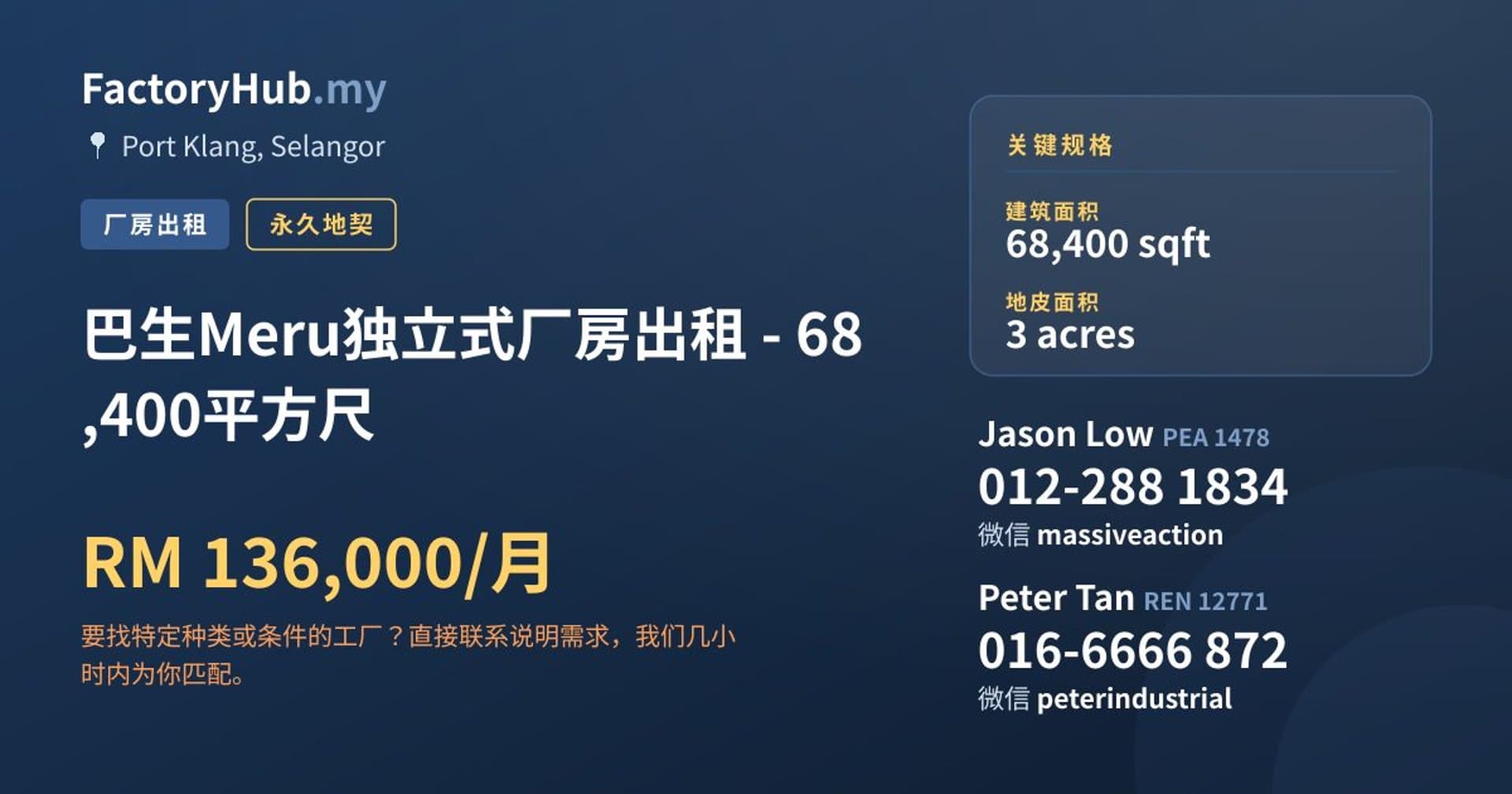 巴生Meru独立式厂房出租 - 68,400平方尺 · 房源图片 1/2