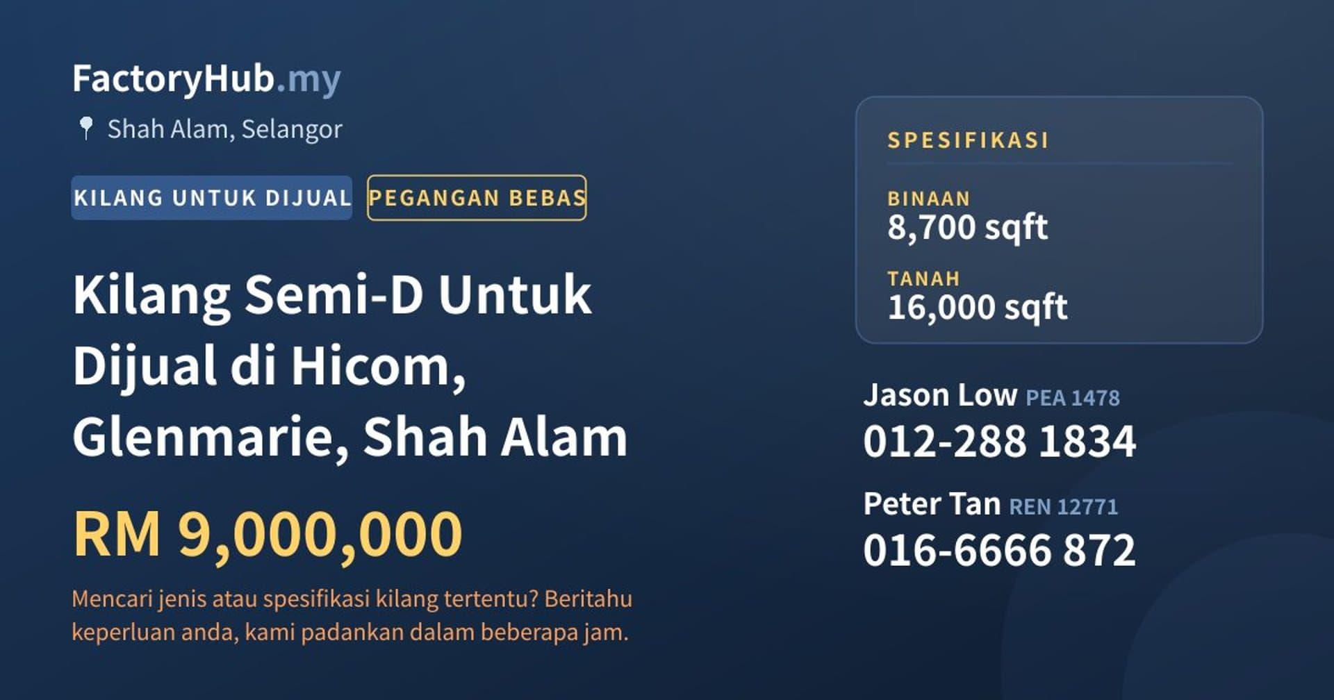 Kilang Semi-D Untuk Dijual di Hicom, Glenmarie, Shah Alam · Imej hartanah 1/2