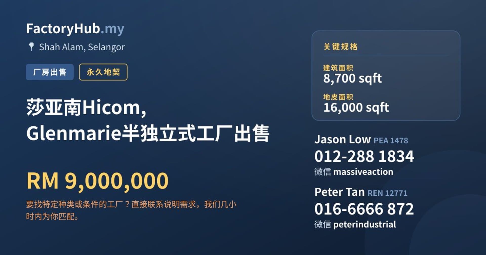 莎亚南Hicom, Glenmarie半独立式工厂出售 · 房源图片 1/2