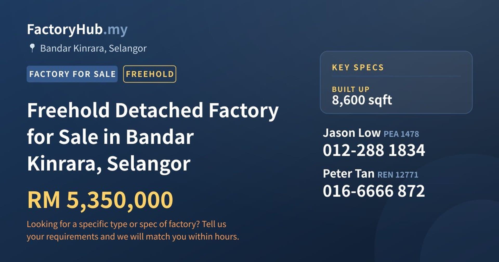 Freehold Detached Factory for Sale in Bandar Kinrara, Selangor - Property image 1 of 2
