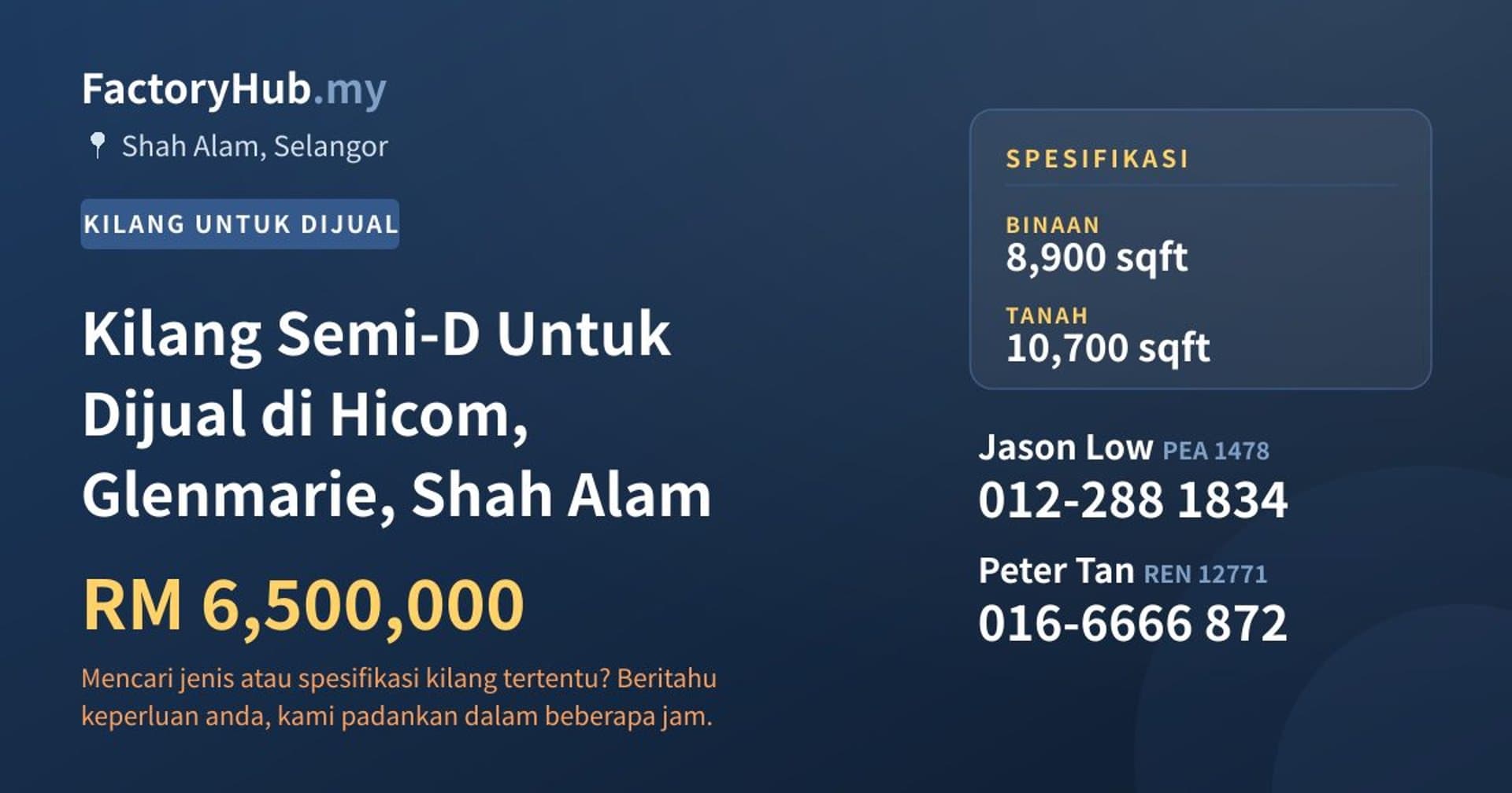 Kilang Semi-D Untuk Dijual di Hicom, Glenmarie, Shah Alam · Imej hartanah 1/2