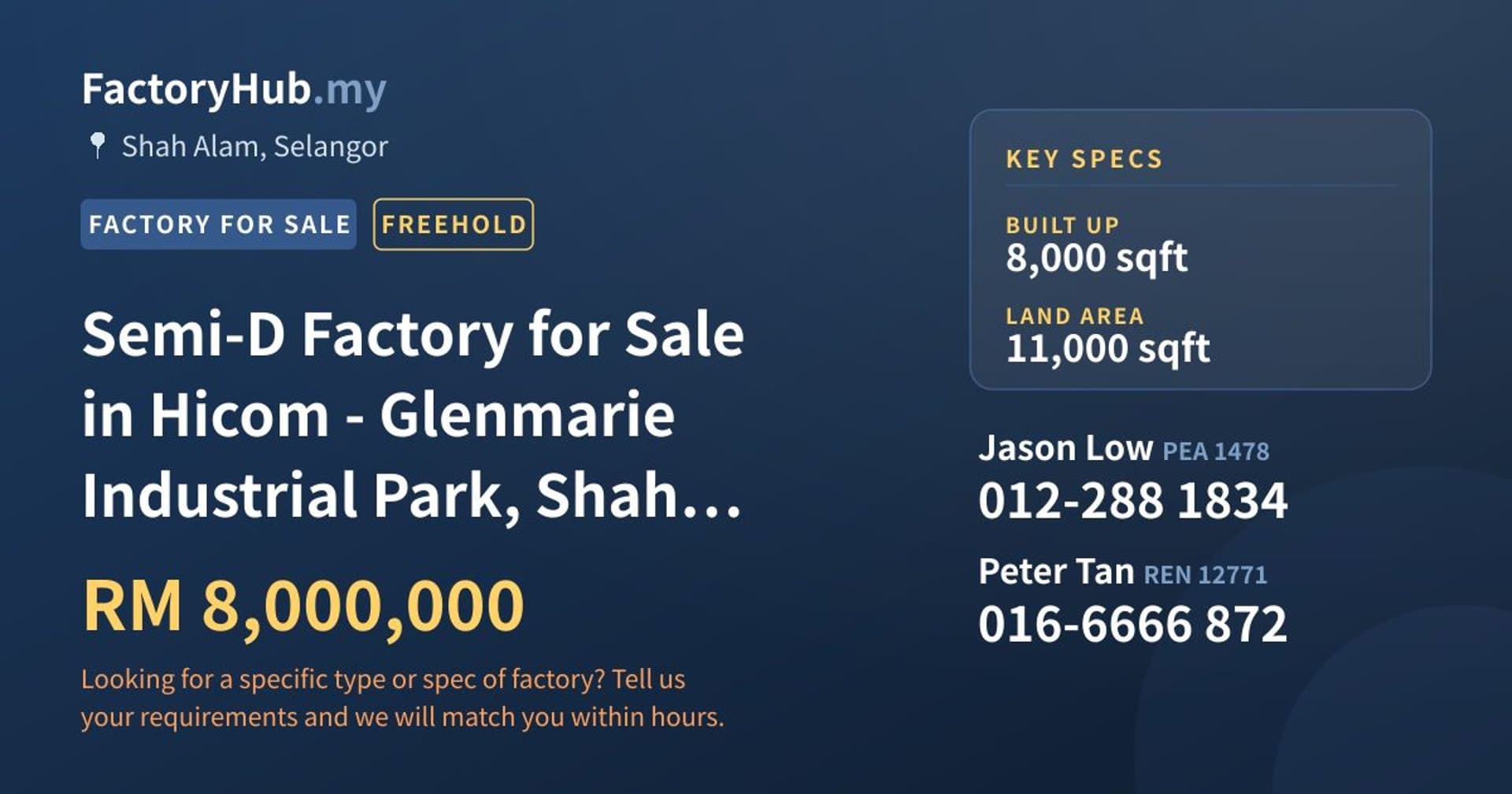 Semi-D Factory for Sale in Hicom - Glenmarie Industrial Park, Shah Alam - Property image 1 of 2