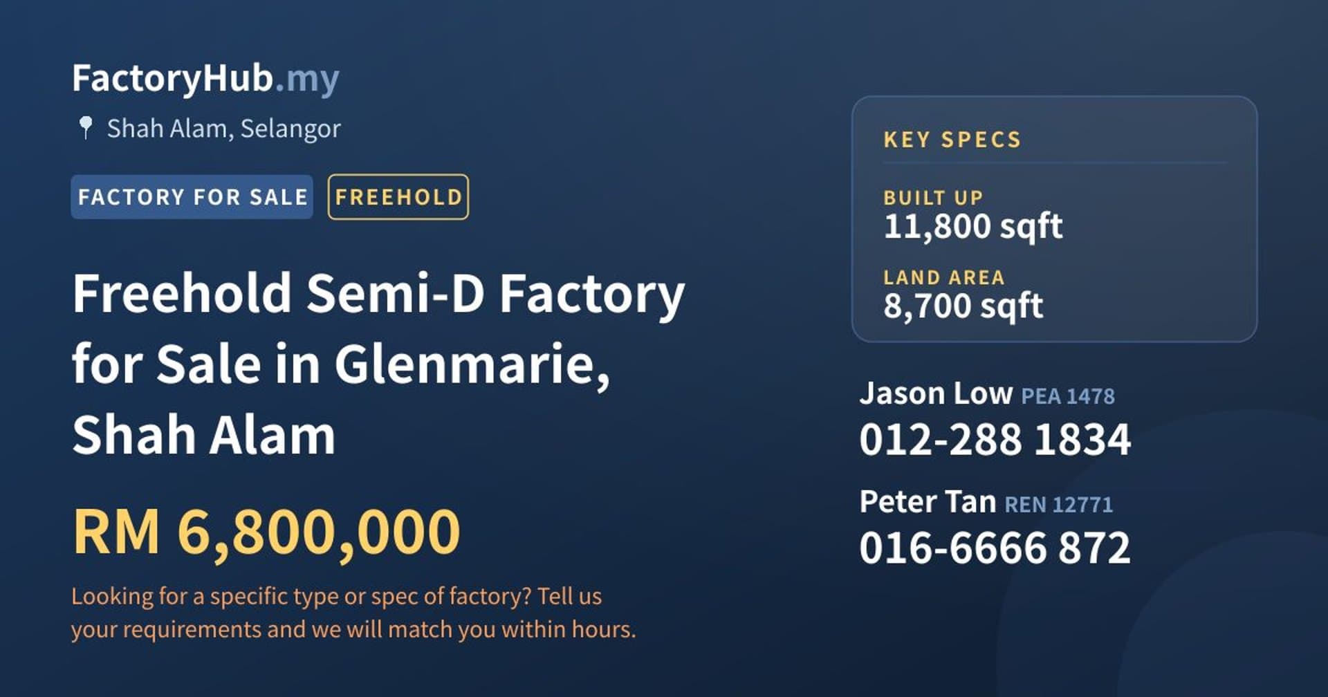 Freehold Semi-D Factory for Sale in Glenmarie, Shah Alam - Property image 1 of 2
