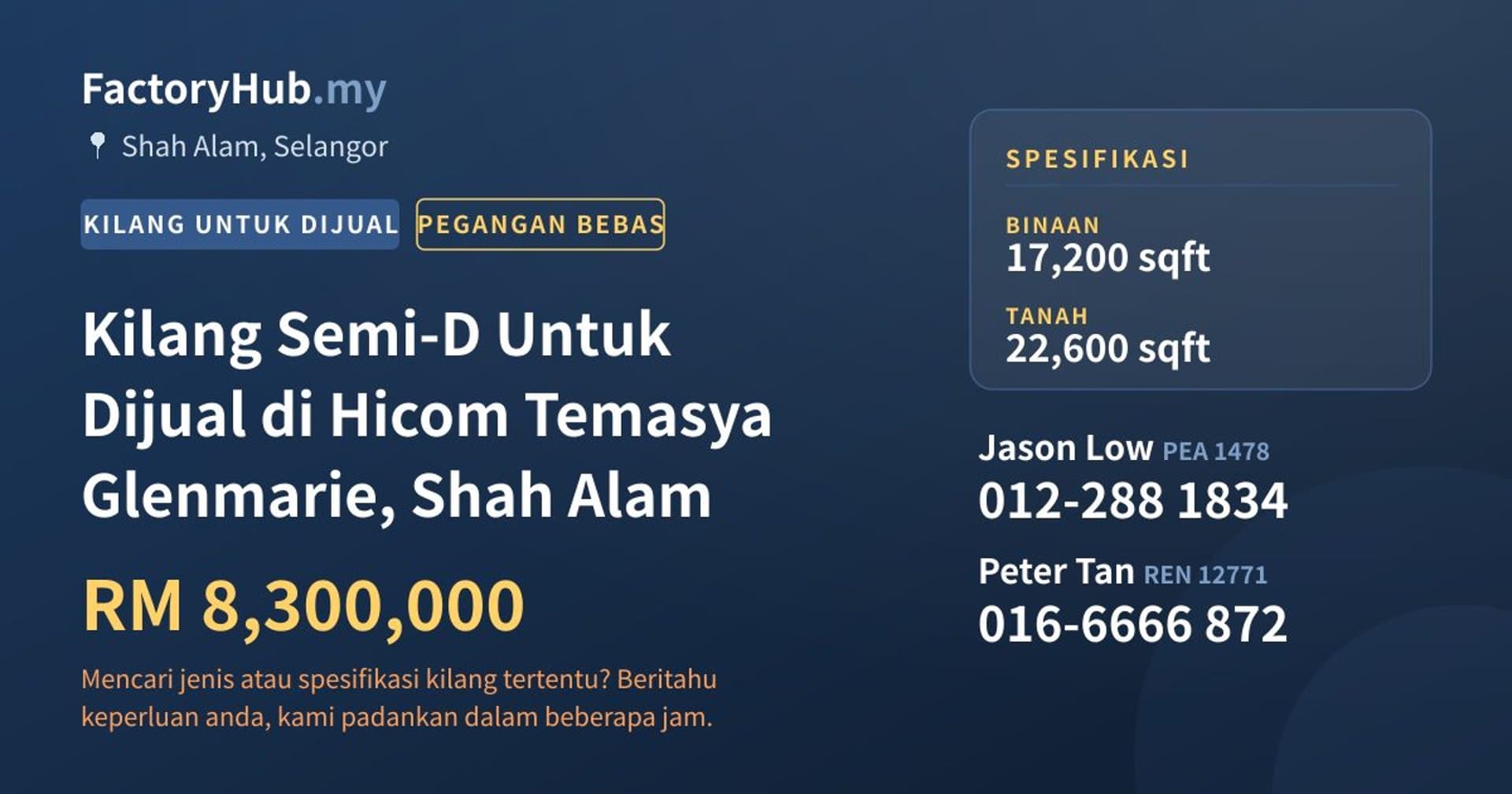 Kilang Semi-D Untuk Dijual di Hicom Temasya Glenmarie, Shah Alam · Imej hartanah 1/2