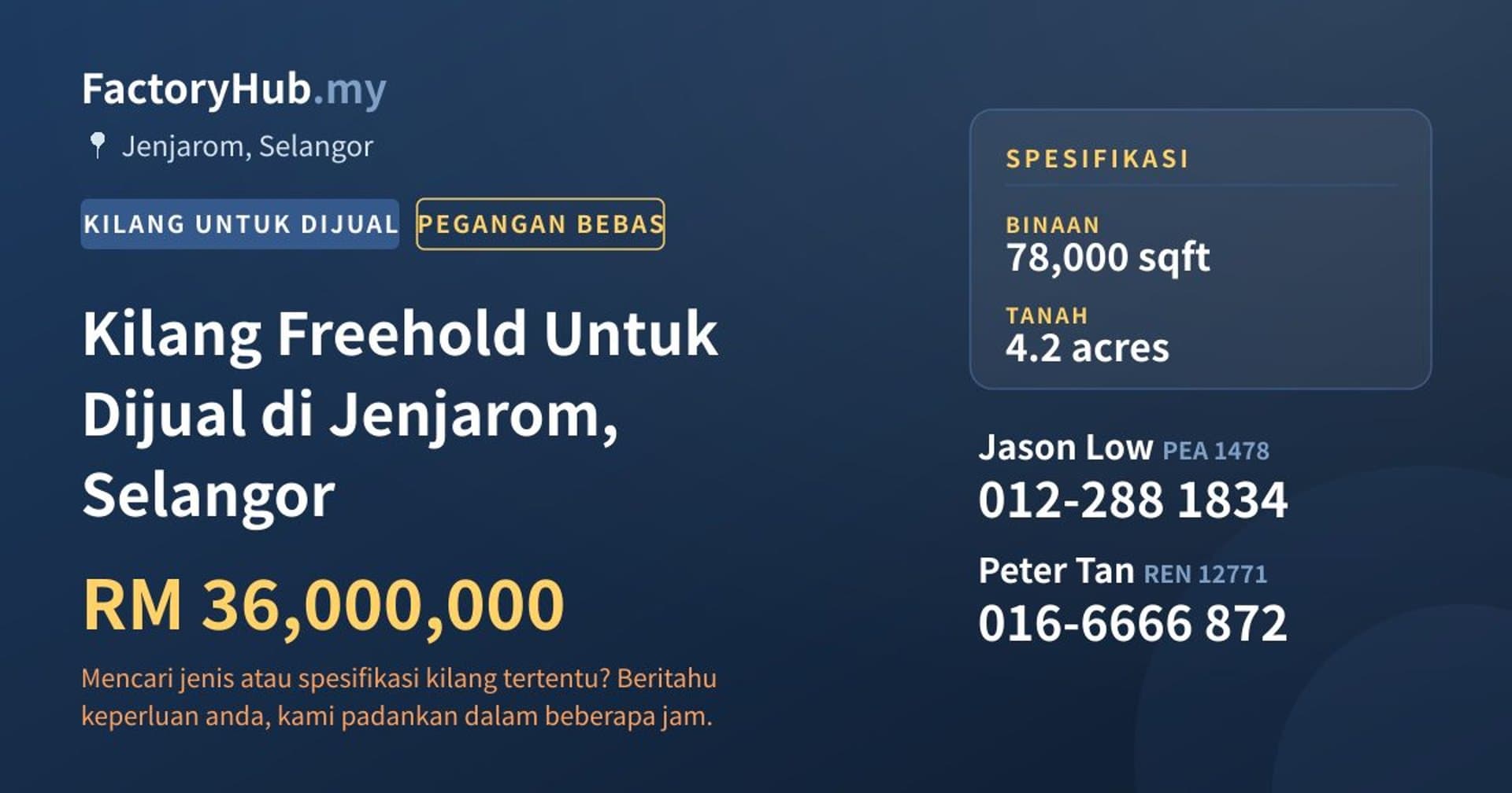 Kilang Freehold Untuk Dijual di Jenjarom, Selangor · Imej hartanah 1/2