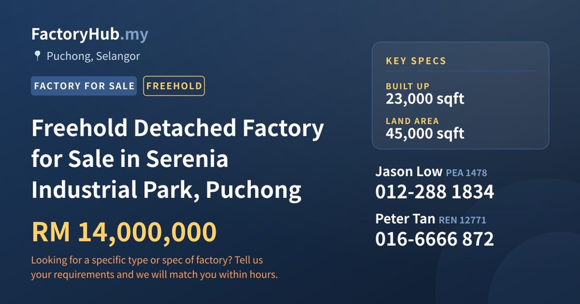 Freehold Detached Factory for Sale in Serenia Industrial Park, Puchong - Property image 1 of 2