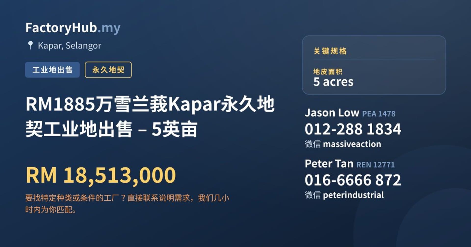 RM1885万雪兰莪Kapar永久地契工业地出售 – 5英亩 · 房源图片 1/4