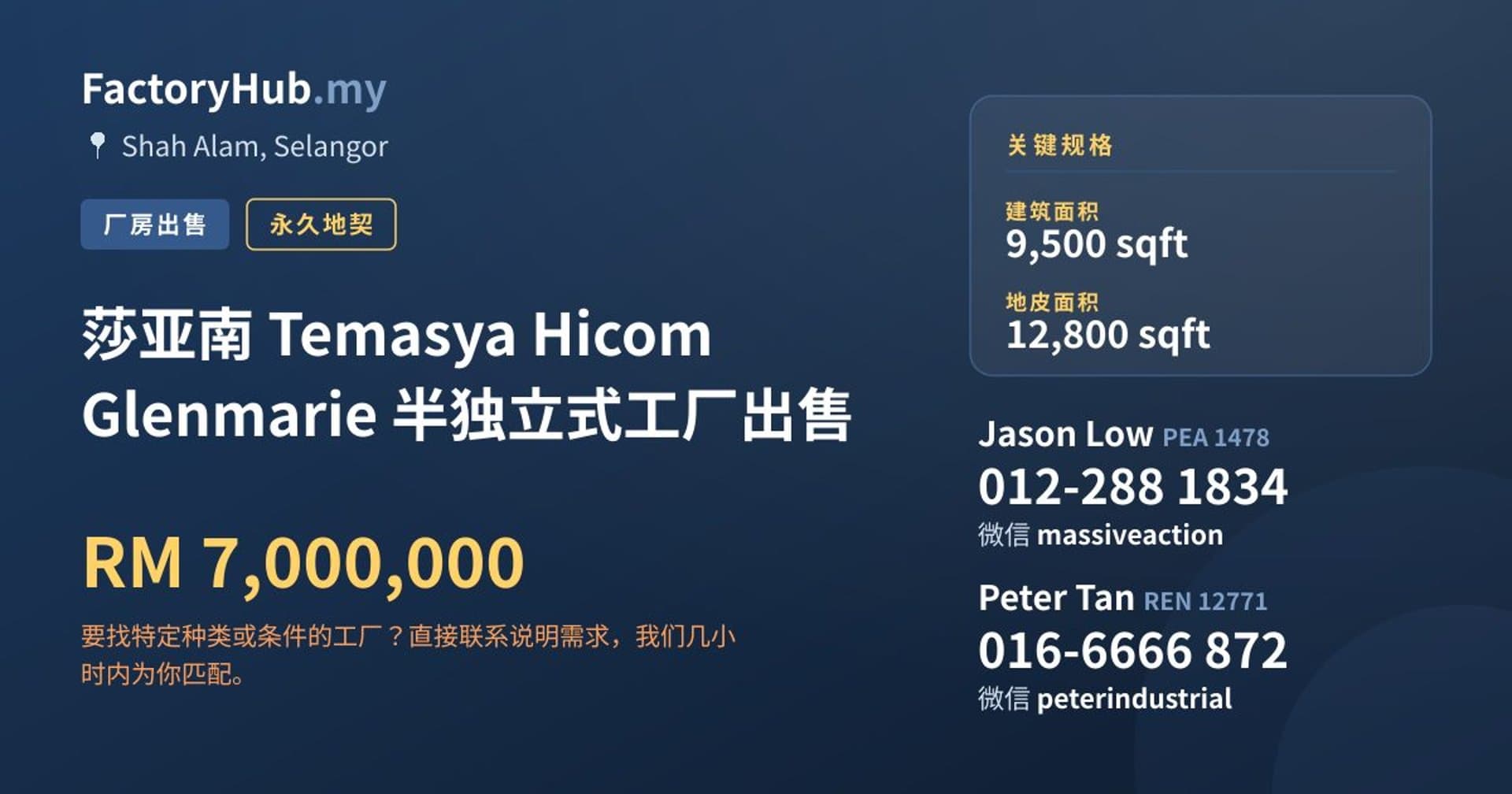莎亚南 Temasya Hicom Glenmarie 半独立式工厂出售 · 房源图片 1/2