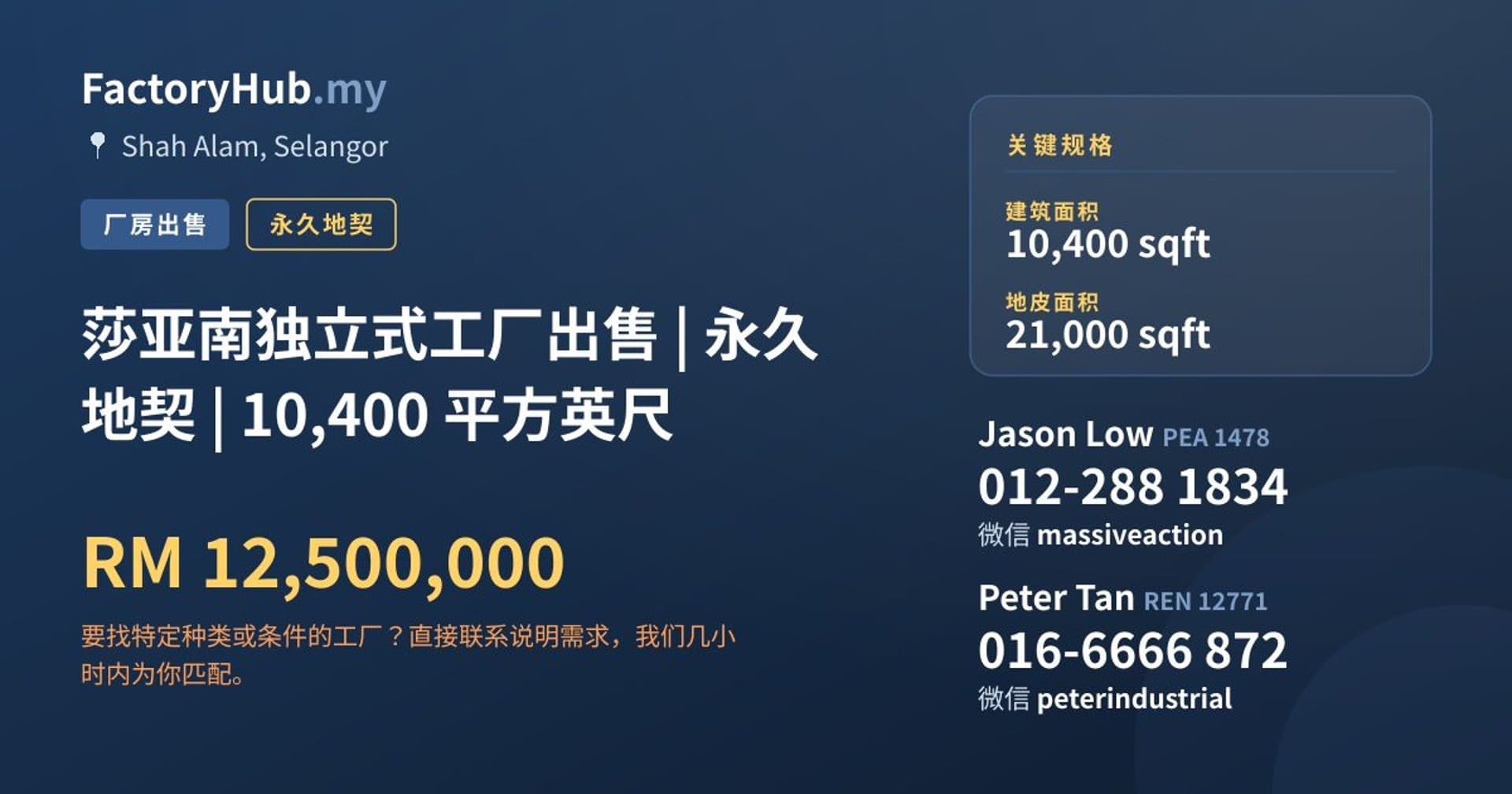 莎亚南独立式工厂出售 | 永久地契 | 10,400 平方英尺 · 房源图片 1/2