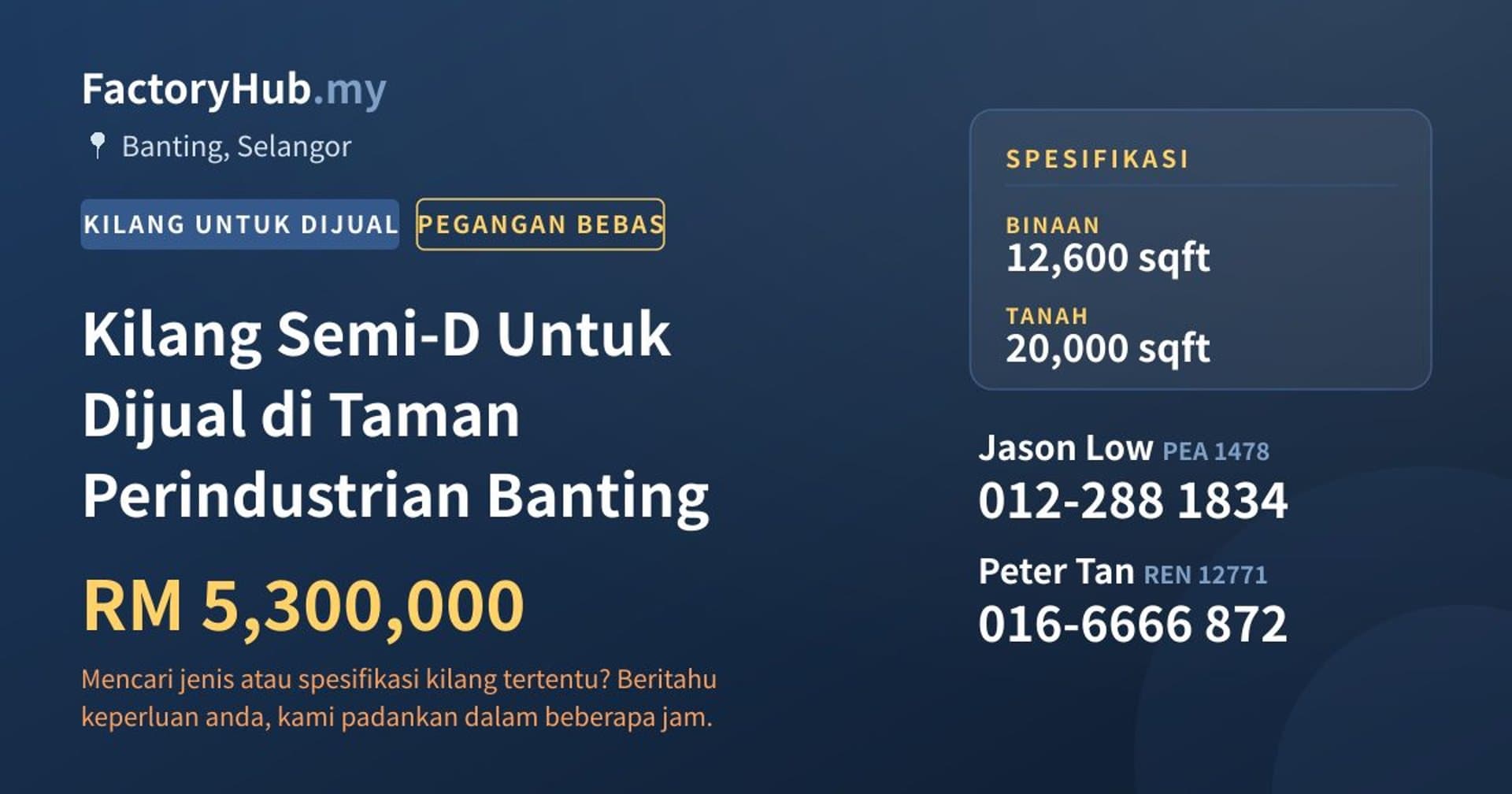 Kilang Semi-D Untuk Dijual di Taman Perindustrian Banting · Imej hartanah 1/2