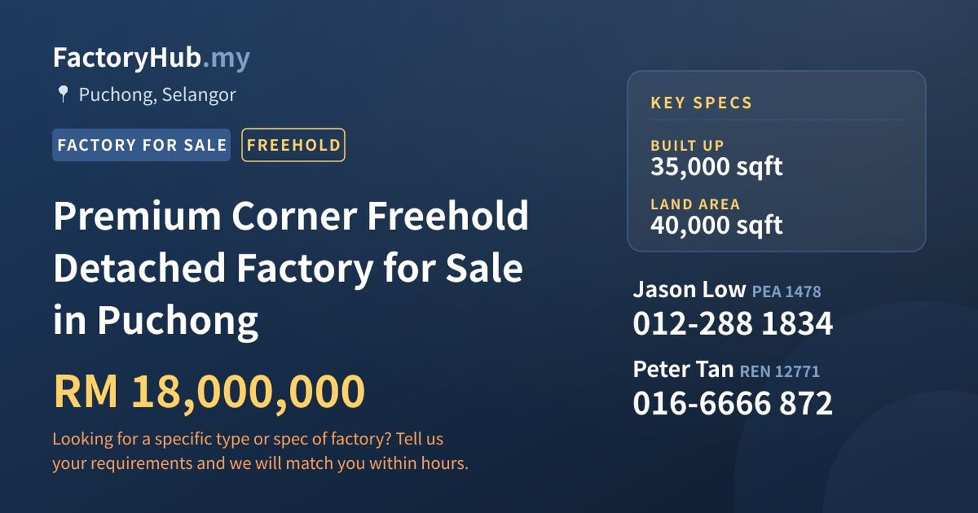 Premium Corner Freehold Detached Factory for Sale in Puchong - Property image 1 of 2