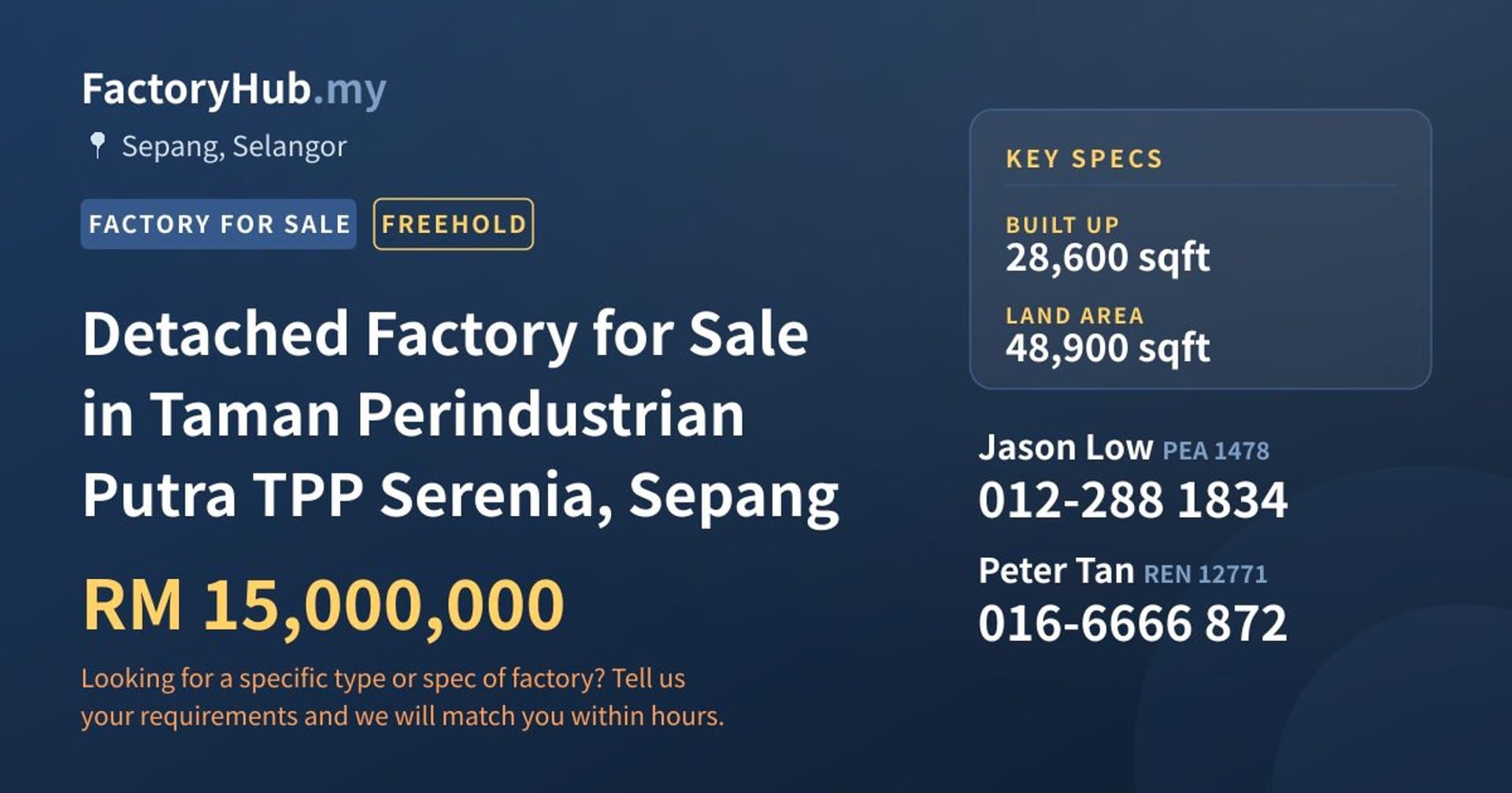 Detached Factory for Sale in Taman Perindustrian Putra TPP Serenia, Sepang - Property image 1 of 2