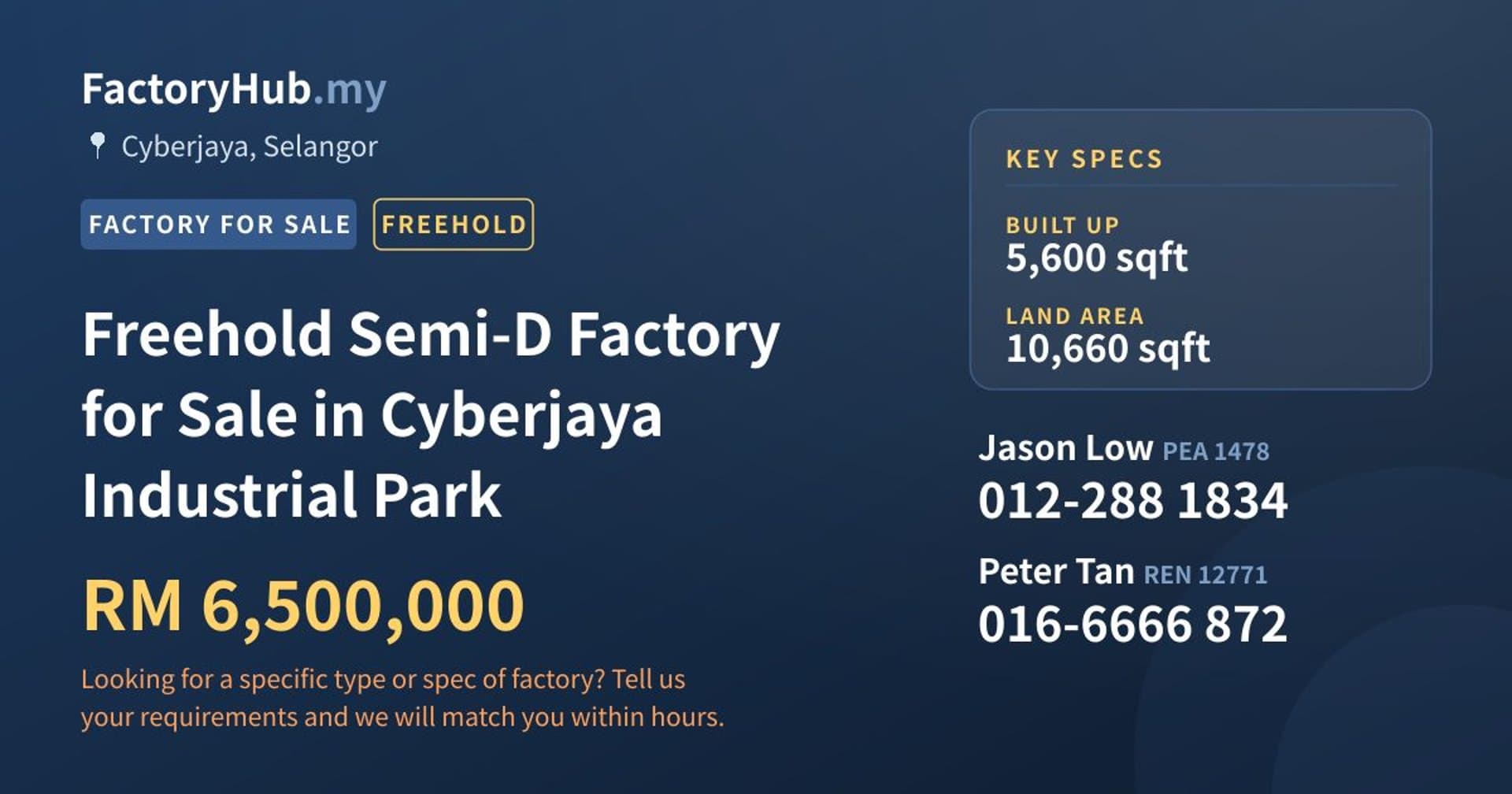 Freehold Semi-D Factory for Sale in Cyberjaya Industrial Park - Property image 1 of 2