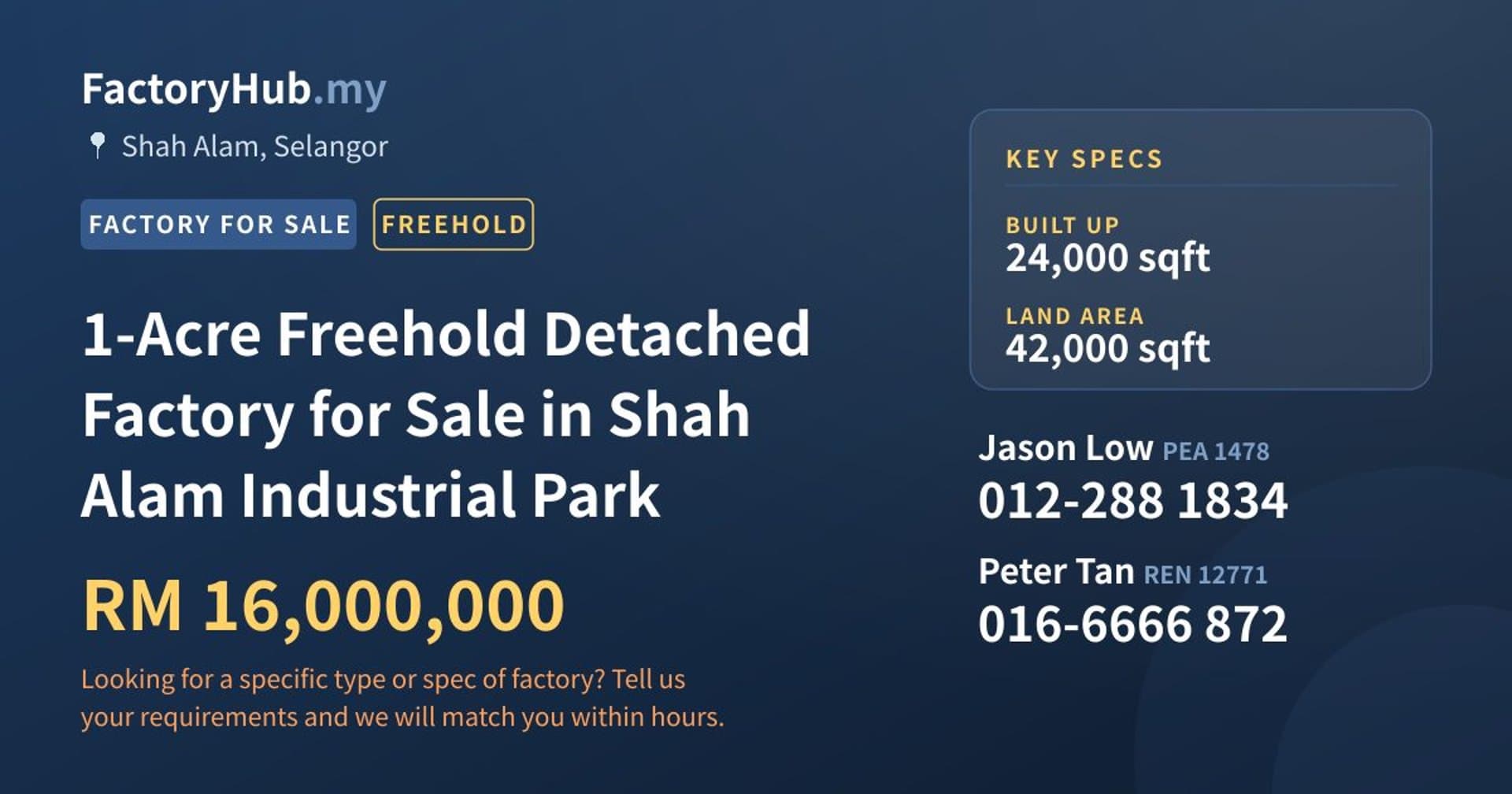 1-Acre Freehold Detached Factory for Sale in Shah Alam Industrial Park - Property image 1 of 2