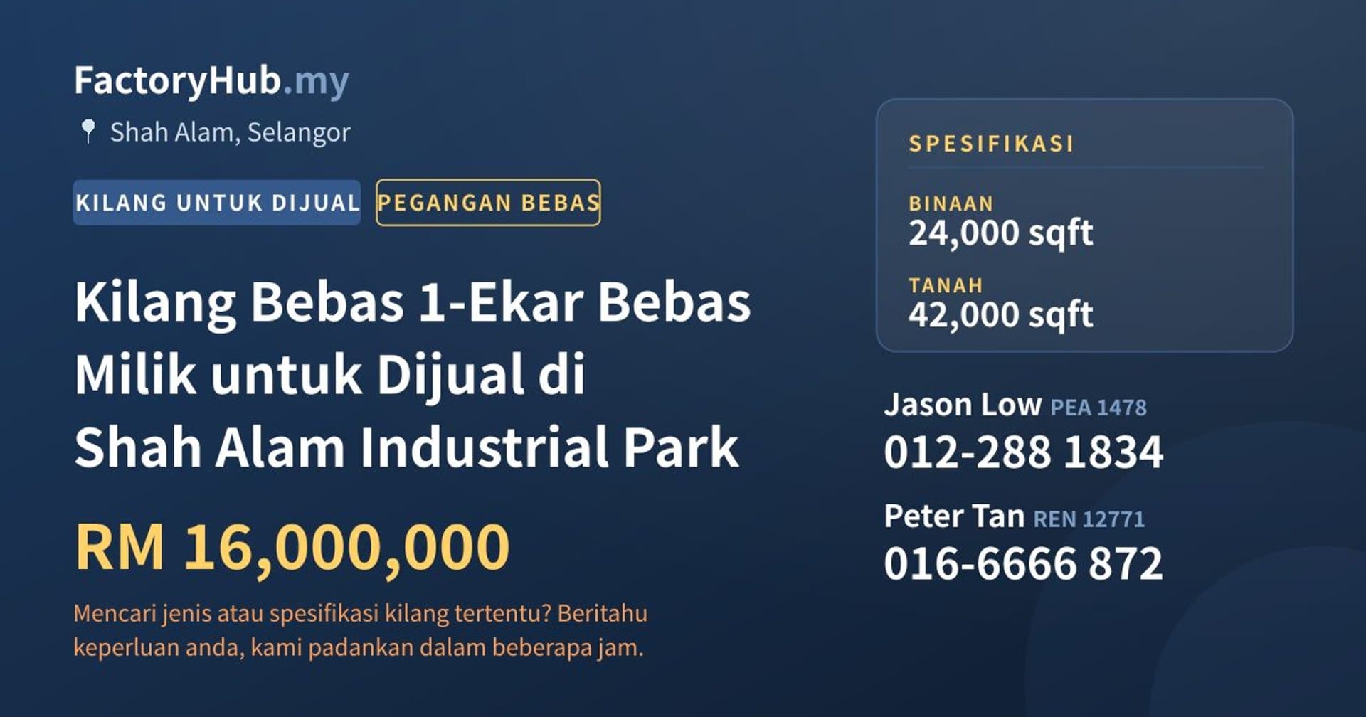 Kilang Bebas 1-Ekar Bebas Milik untuk Dijual di Shah Alam Industrial Park · Imej hartanah 1/2