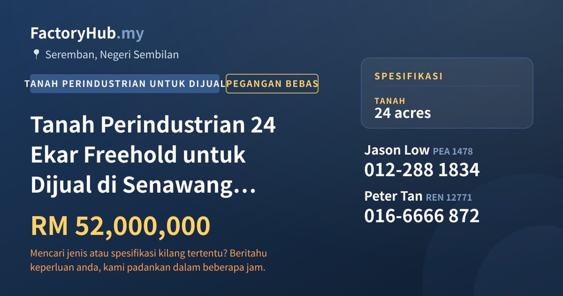 Tanah Perindustrian 24 Ekar Freehold untuk Dijual di Senawang Industrial Park · Imej hartanah 1/2