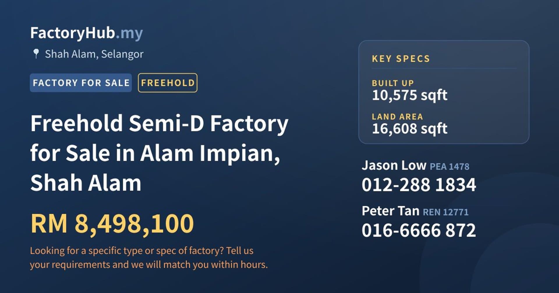 Freehold Semi-D Factory for Sale in Alam Impian, Shah Alam - Property image 1 of 2