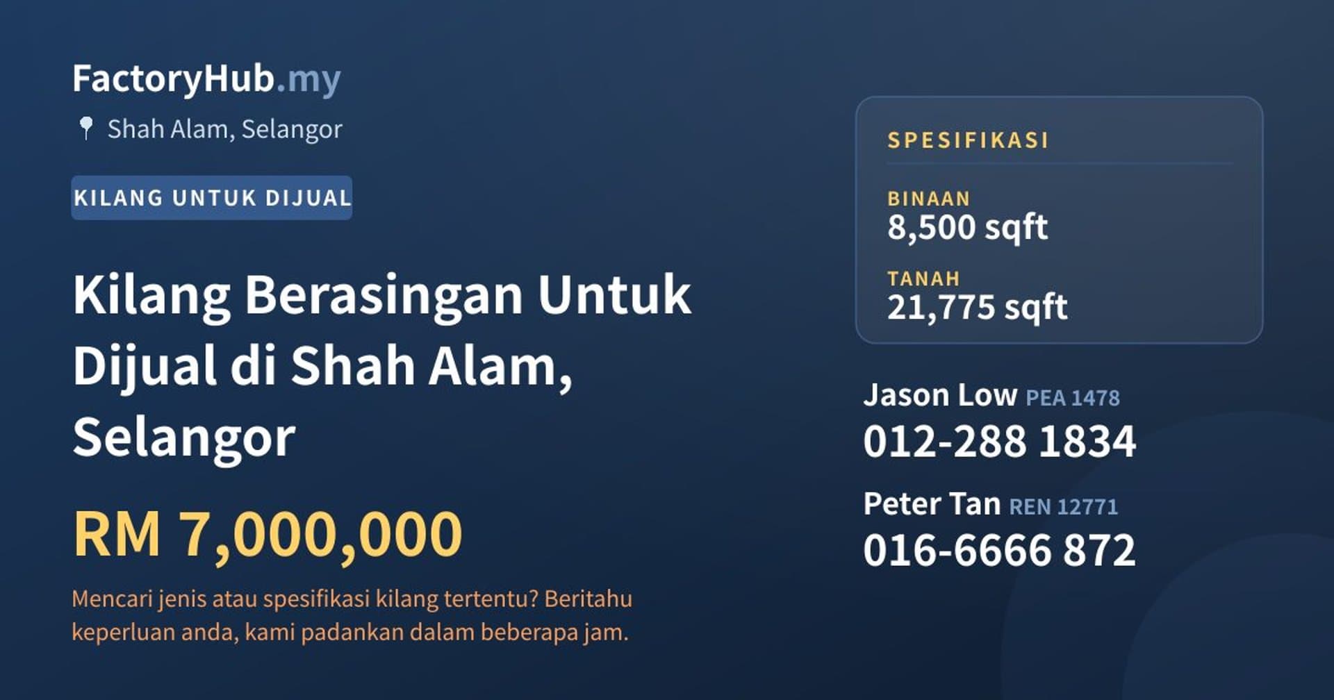 Kilang Berasingan Untuk Dijual di Shah Alam, Selangor · Imej hartanah 1/2