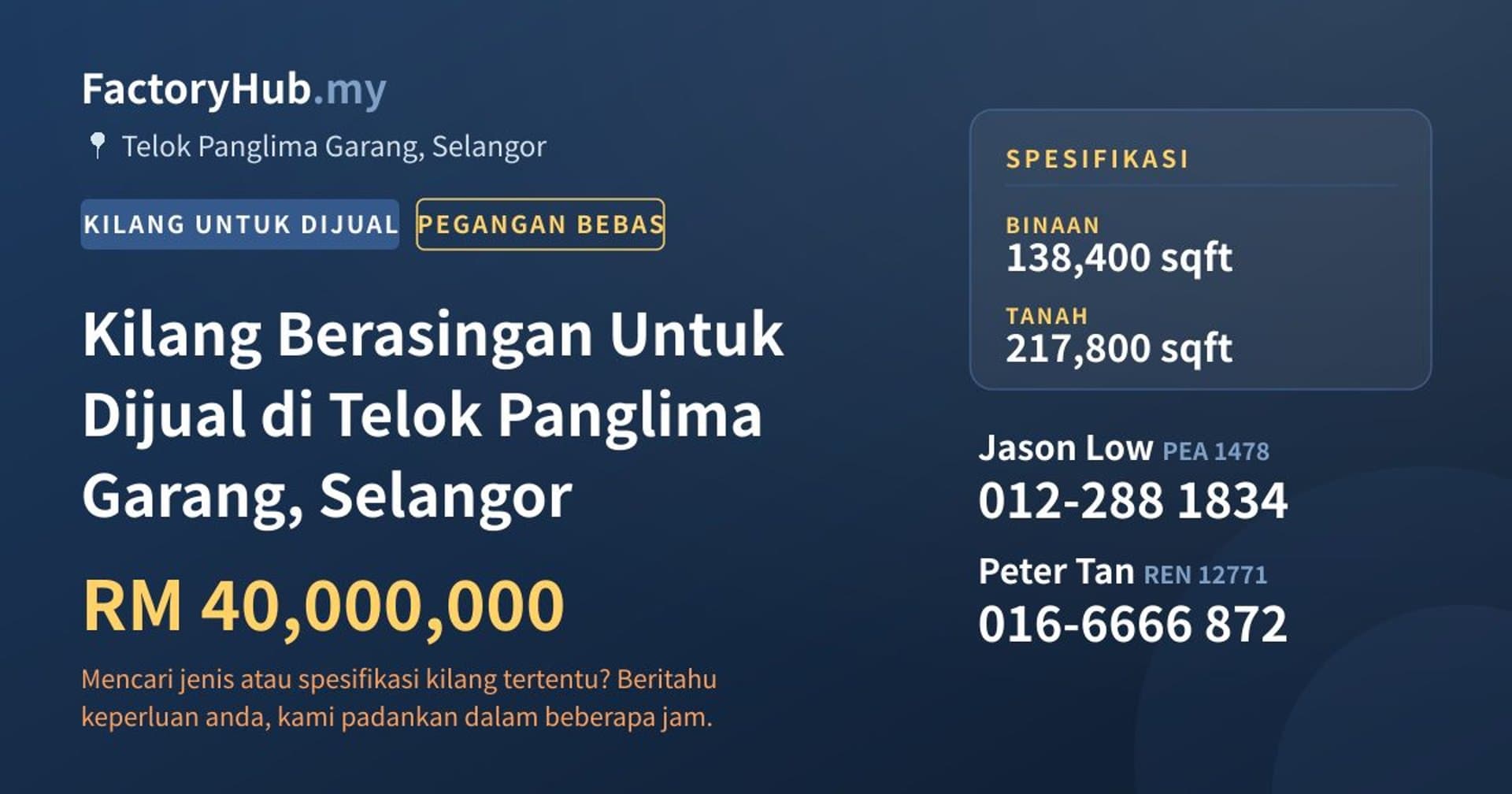 Kilang Berasingan Untuk Dijual di Telok Panglima Garang, Selangor · Imej hartanah 1/2