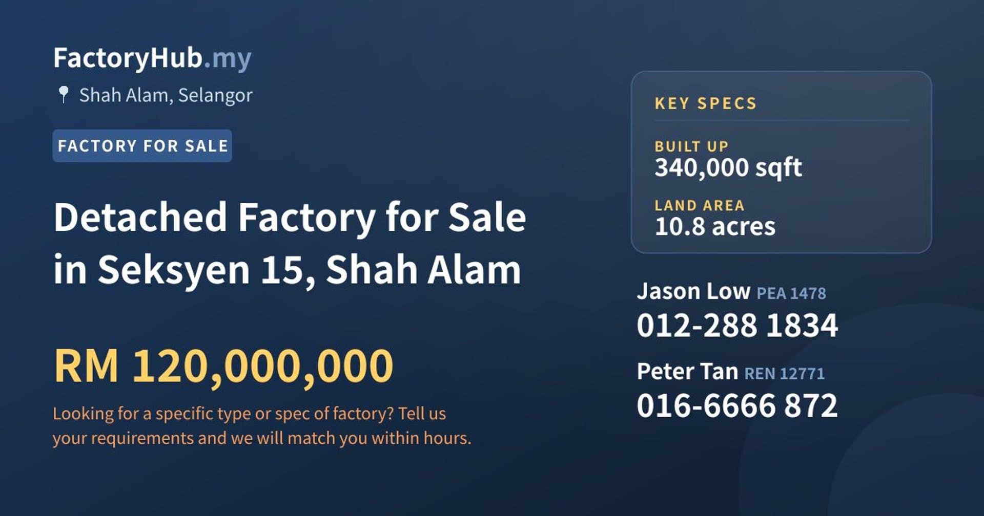 Detached Factory for Sale in Seksyen 15, Shah Alam - Property image 1 of 2
