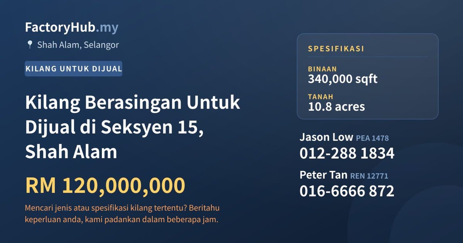 Kilang Berasingan Untuk Dijual di Seksyen 15, Shah Alam · Imej hartanah 1/2