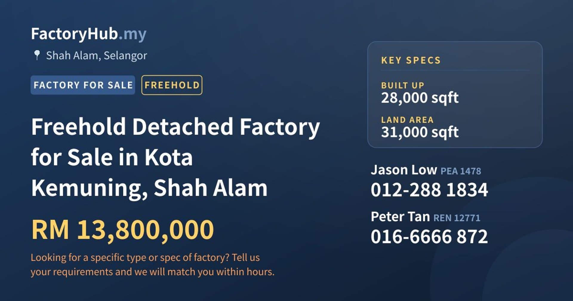 Freehold Detached Factory for Sale in Kota Kemuning, Shah Alam - Property image 1 of 2