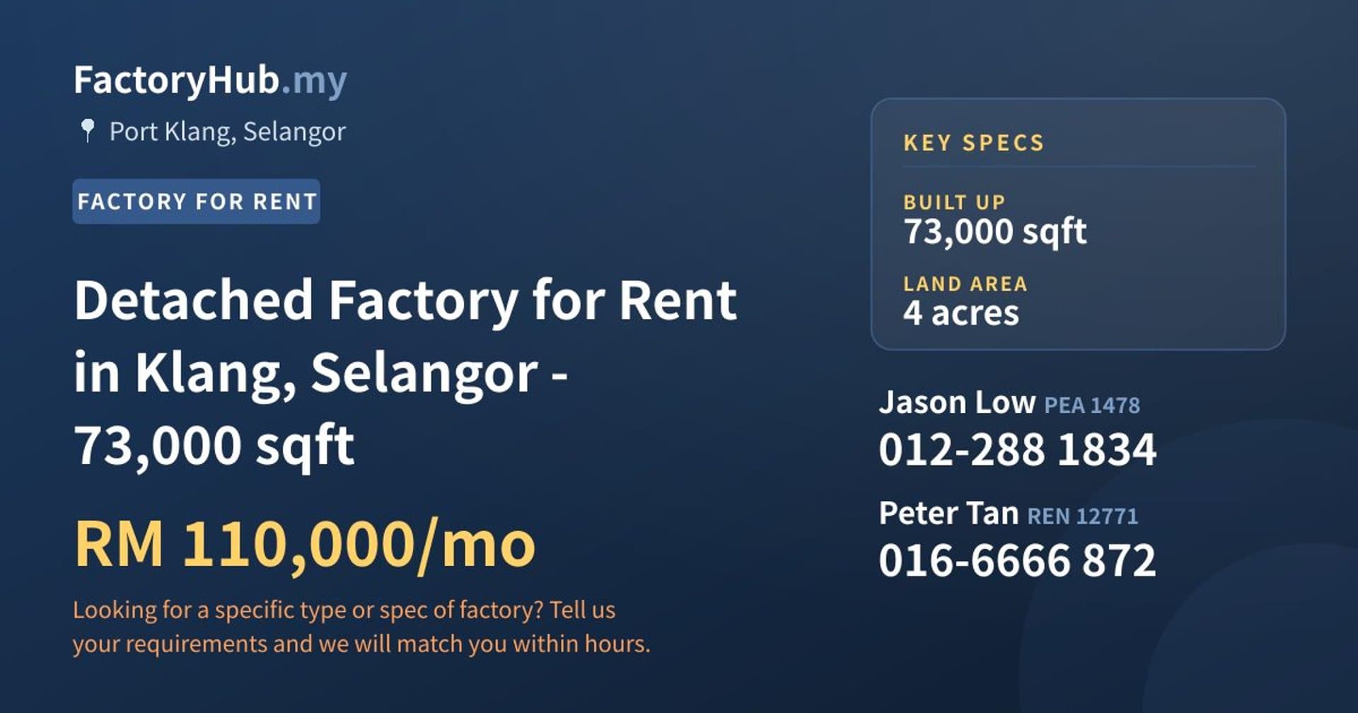 Detached Factory for Rent in Klang, Selangor - 73,000 sqft - Property image 1 of 2
