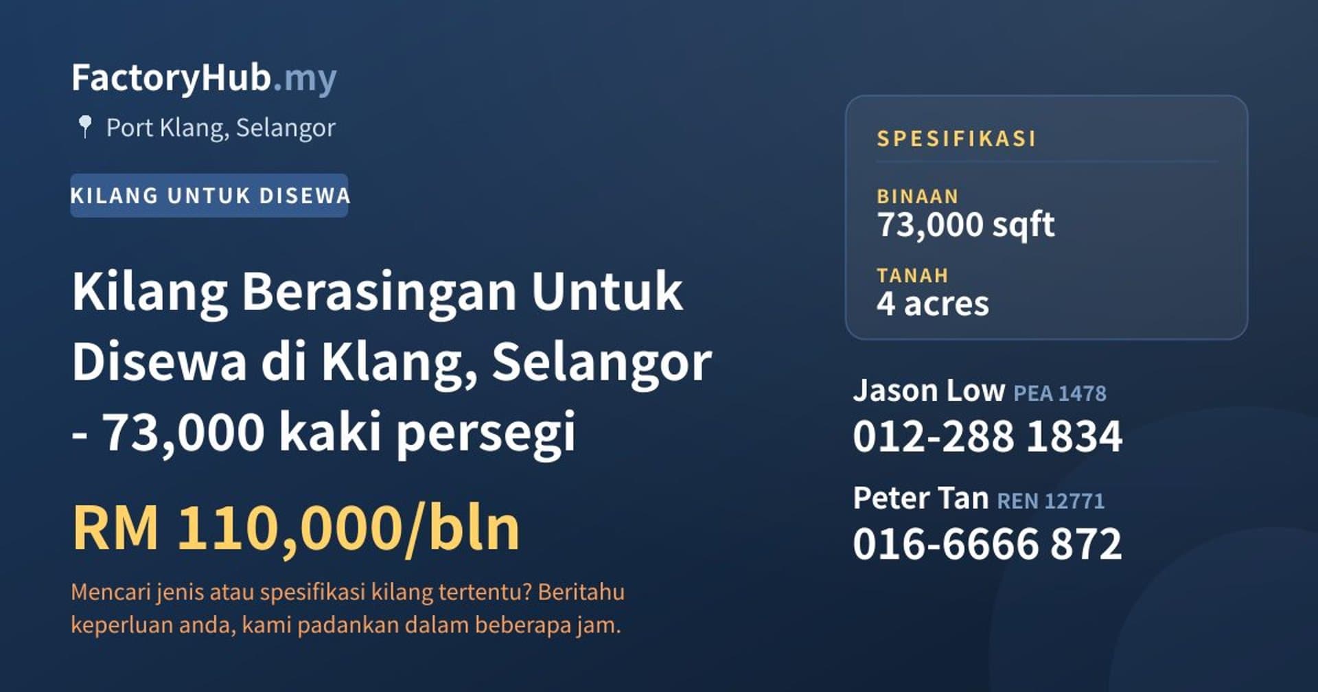 Kilang Berasingan Untuk Disewa di Klang, Selangor - 73,000 kaki persegi · Imej hartanah 1/2