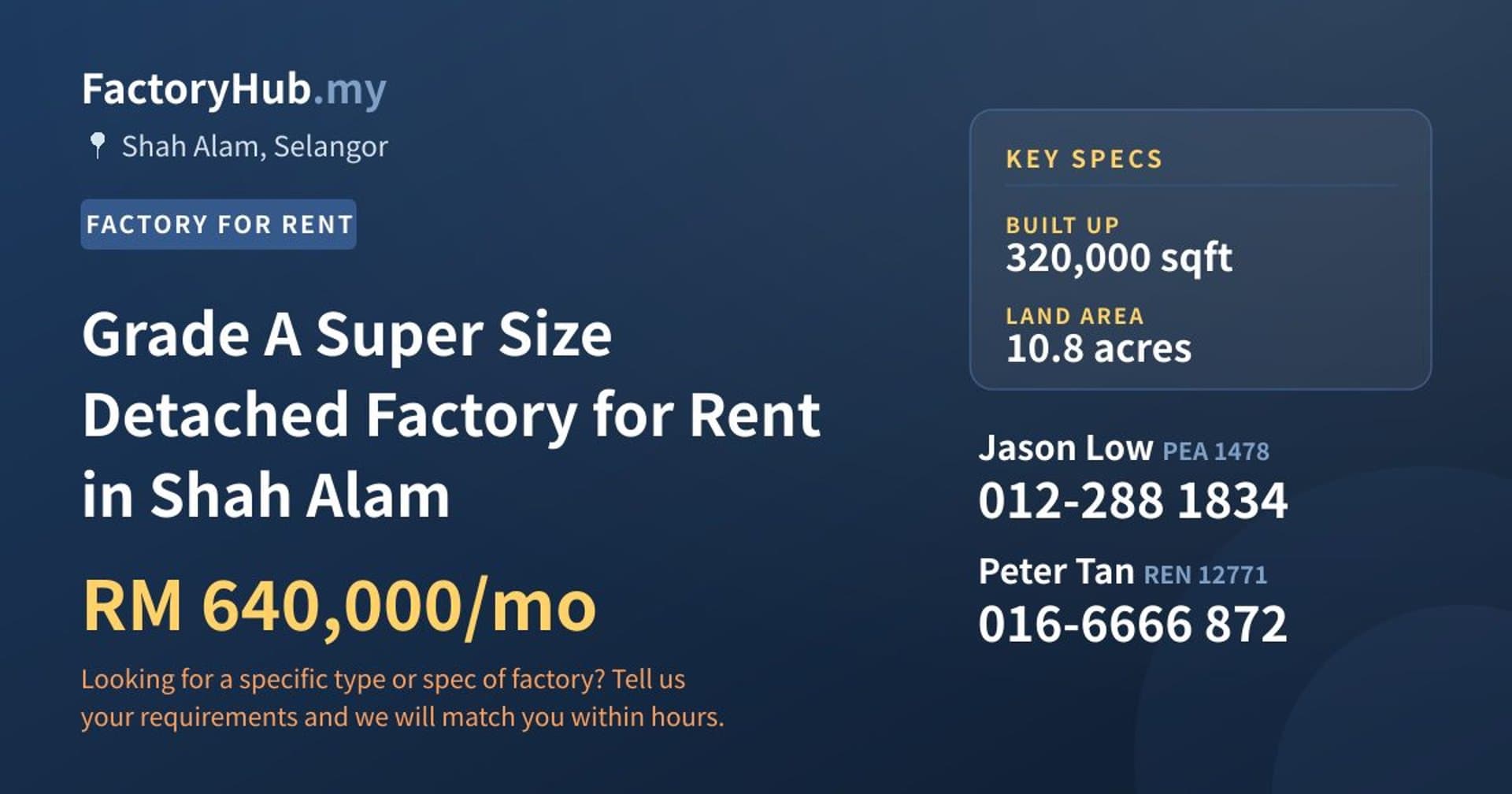 Grade A Super Size Detached Factory for Rent in Shah Alam - Property image 1 of 2