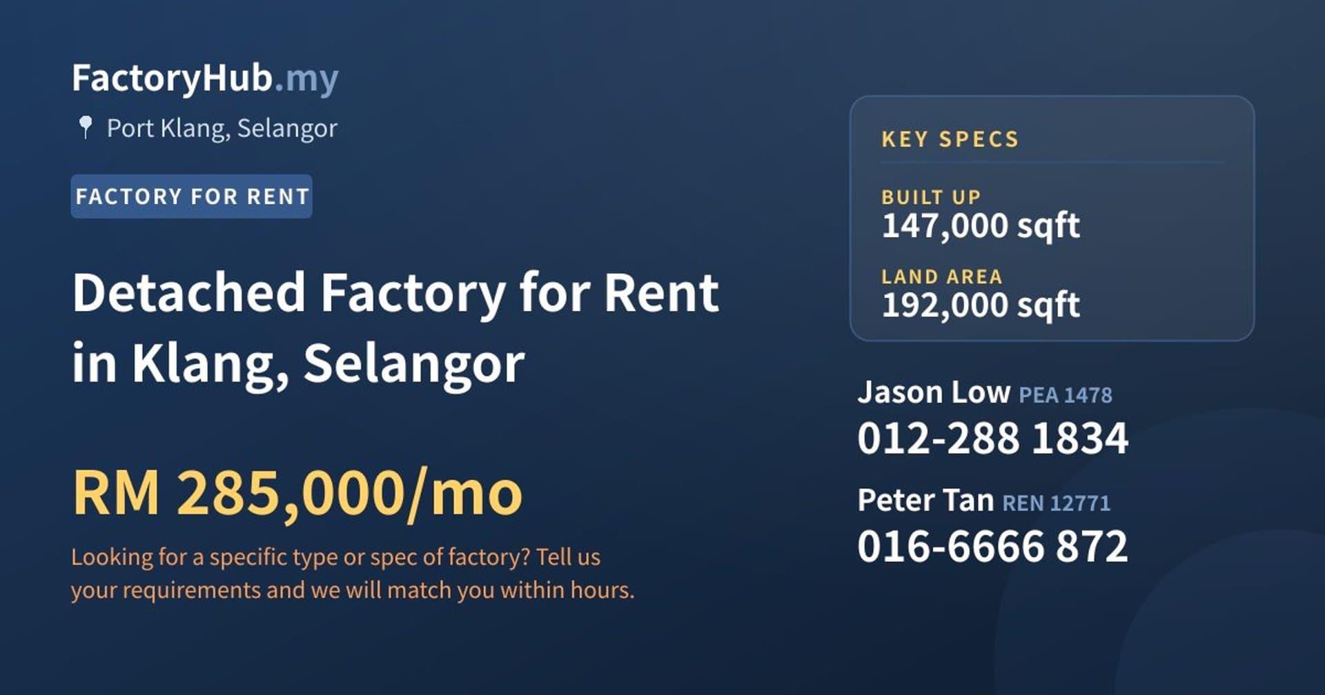 Detached Factory for Rent in Klang, Selangor - Property image 1 of 2