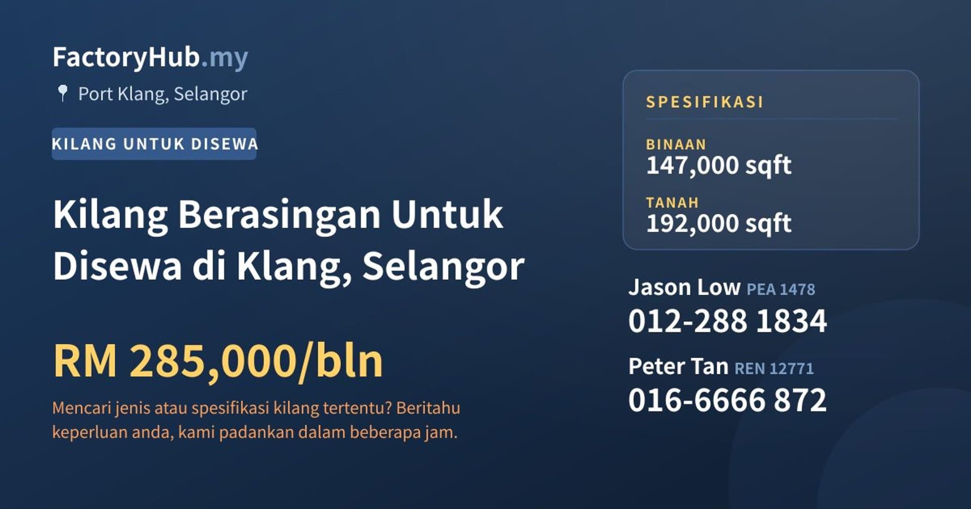 Kilang Berasingan Untuk Disewa di Klang, Selangor · Imej hartanah 1/2