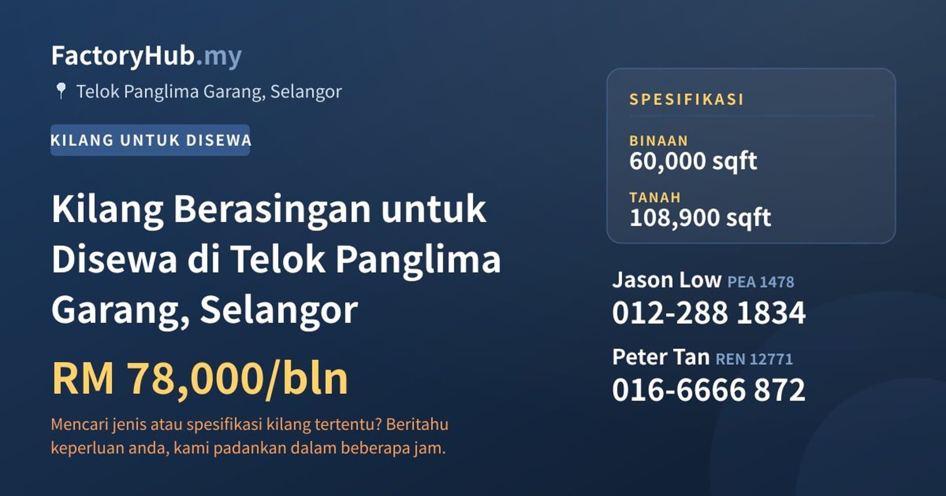 Kilang Berasingan untuk Disewa di Telok Panglima Garang, Selangor · Imej hartanah 1/2
