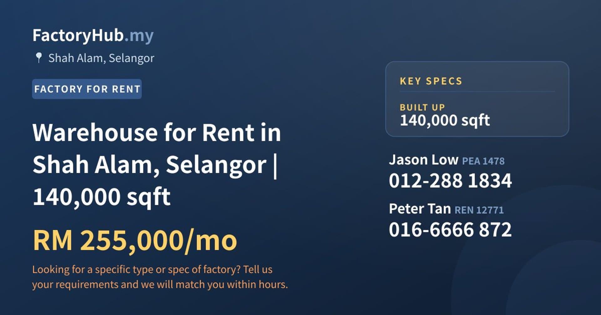 Warehouse for Rent in Shah Alam, Selangor | 140,000 sqft - Property image 1 of 2