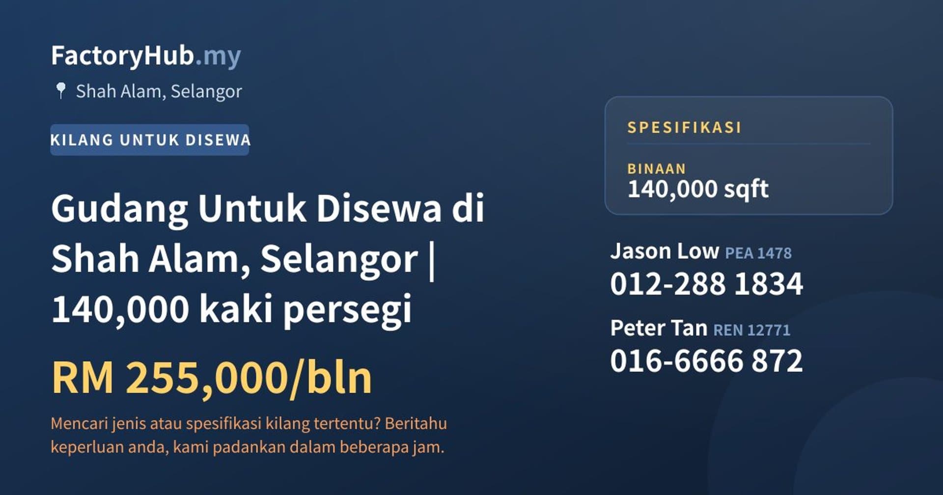 Gudang Untuk Disewa di Shah Alam, Selangor | 140,000 kaki persegi · Imej hartanah 1/2
