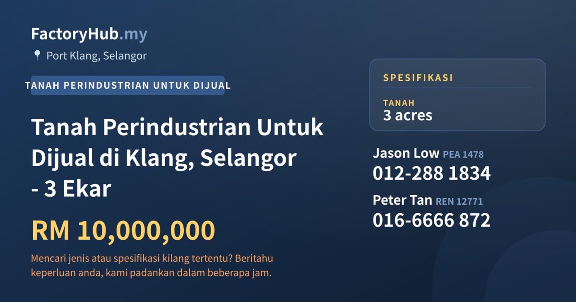 Tanah Perindustrian Untuk Dijual di Klang, Selangor - 3 Ekar · Imej hartanah 1/2