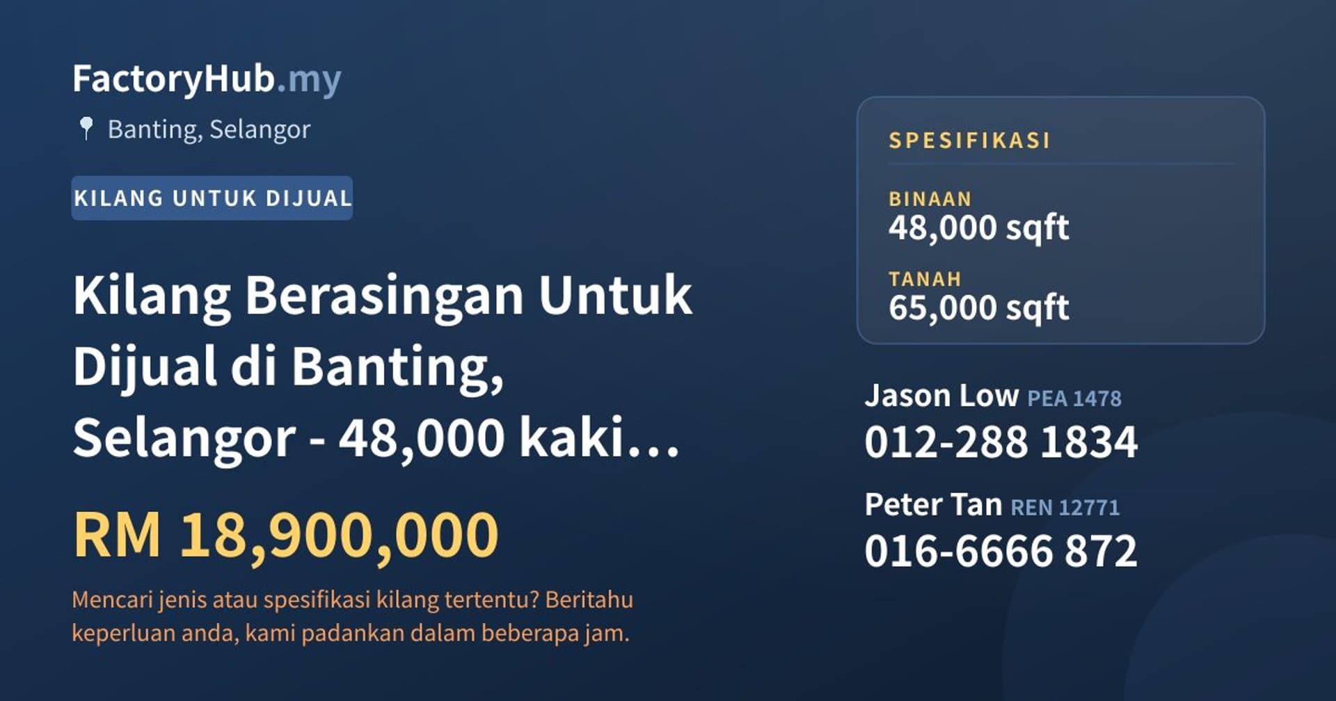 Kilang Berasingan Untuk Dijual di Banting, Selangor - 48,000 kaki persegi · Imej hartanah 1/2